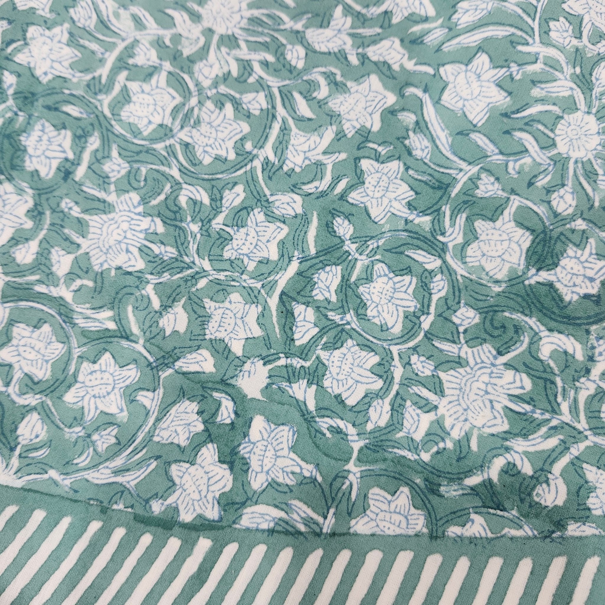 Green floral block-print cotton tablecloth