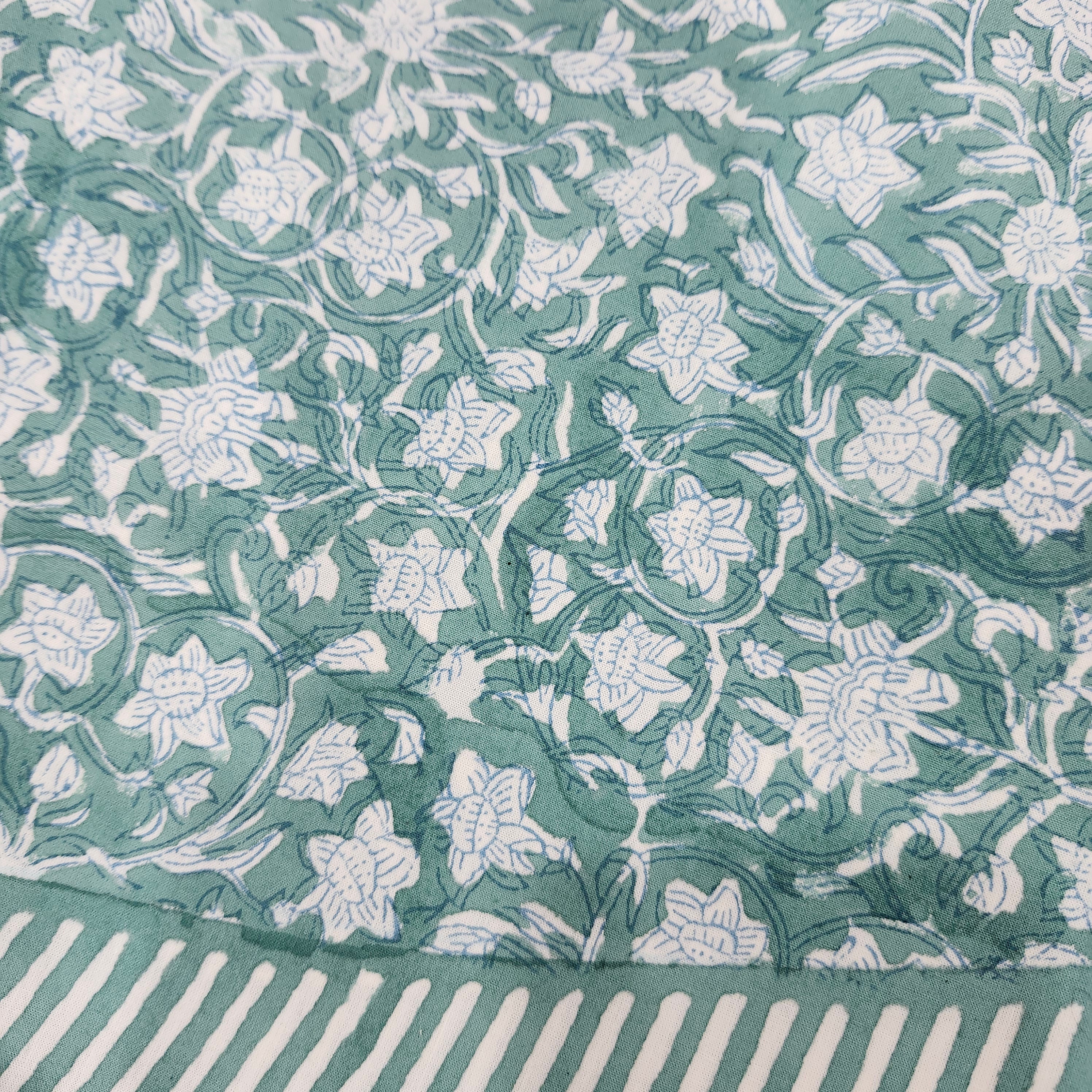 Green floral block-print cotton tablecloth