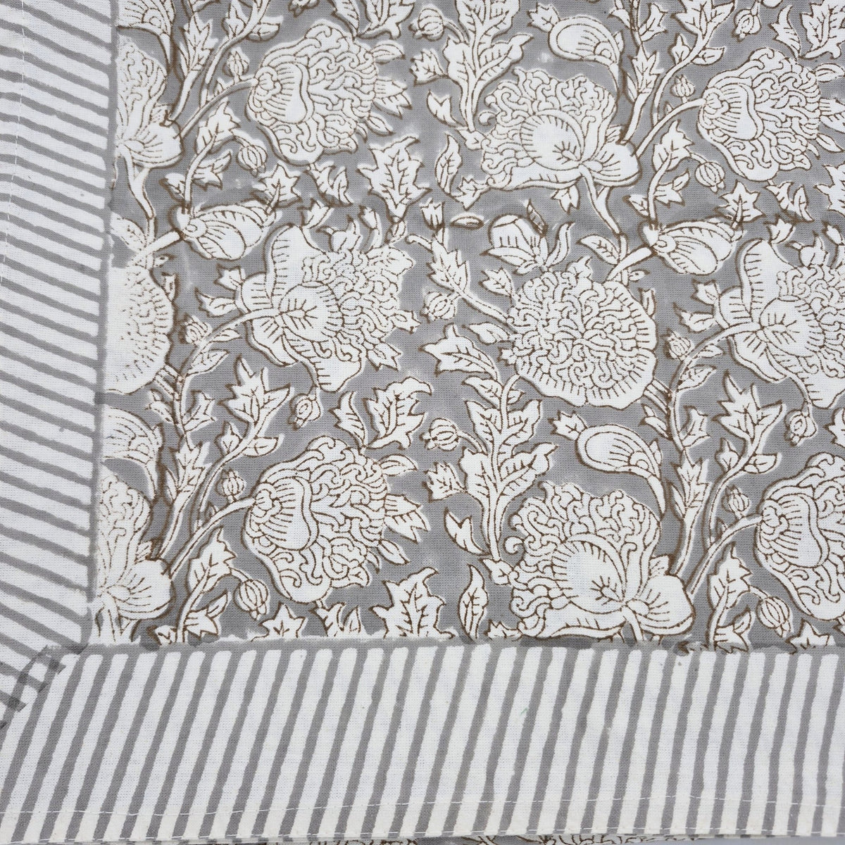 Handmade block print cotton tablecloth in a taupe floral design from the assorted range, 180 x 270 cm, machine washable
