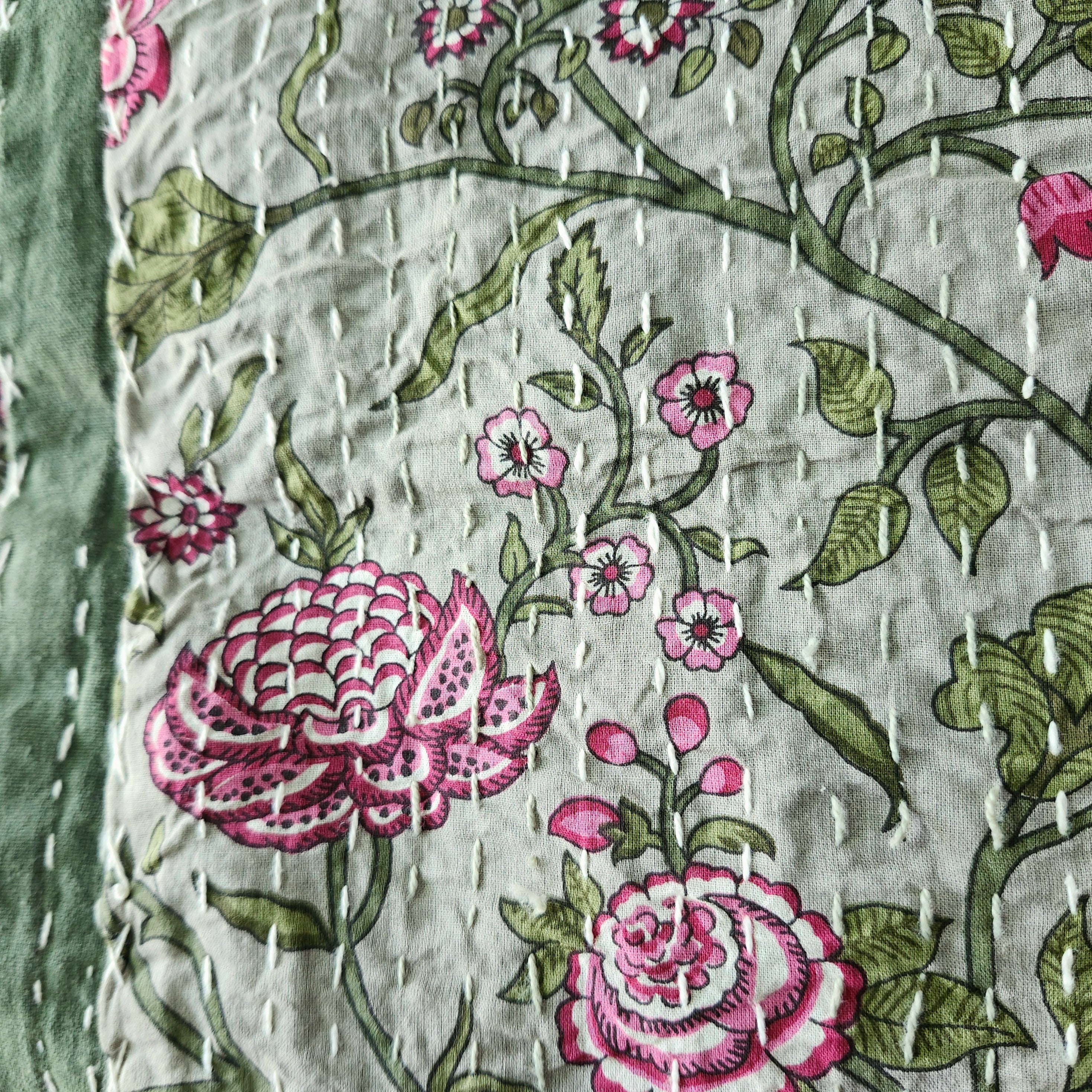 Sage green floral kantha block-print tablecloth