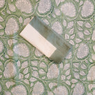 Pale Green Block Print Lotus Tablecloth with White & Teal Napkin