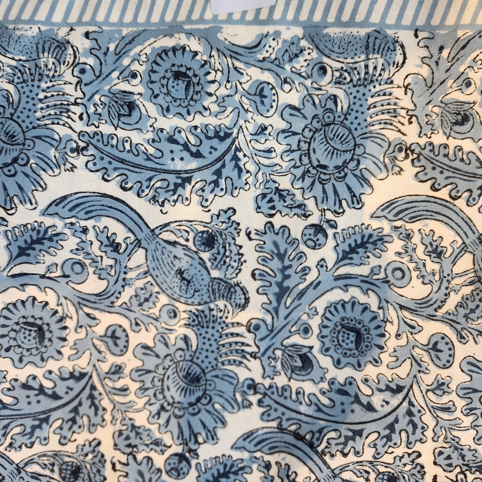 Blue and white pheasant block-print cotton tablecloth