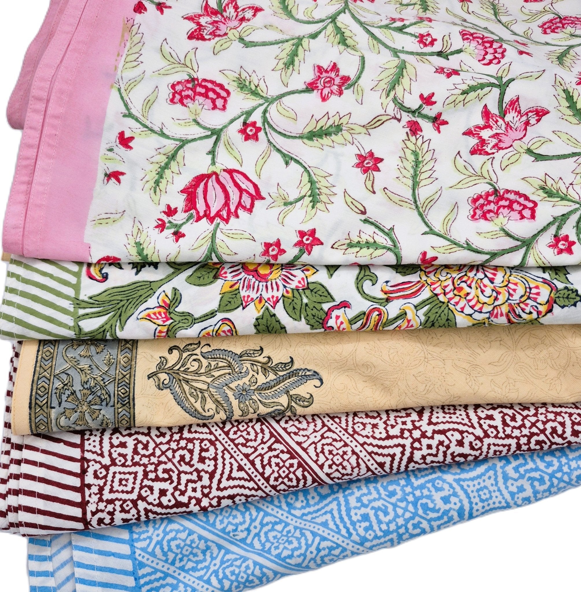 Round block-print cotton tablecloth in assorted prints, 180 cm diameter