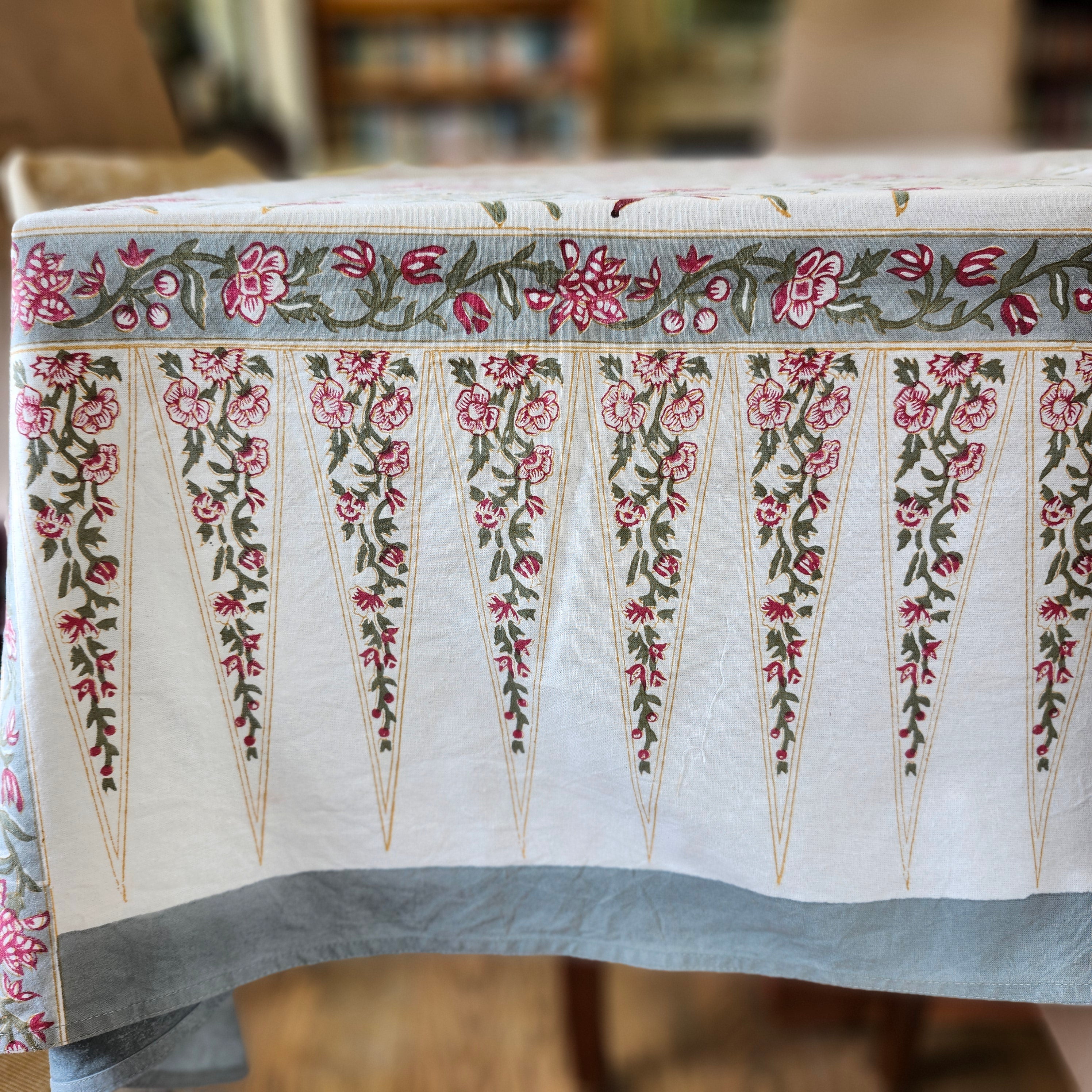 Silver Flower block-print cotton tablecloth with an elegant border