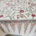 Silver Flower block-print cotton tablecloth with a wide pennant border