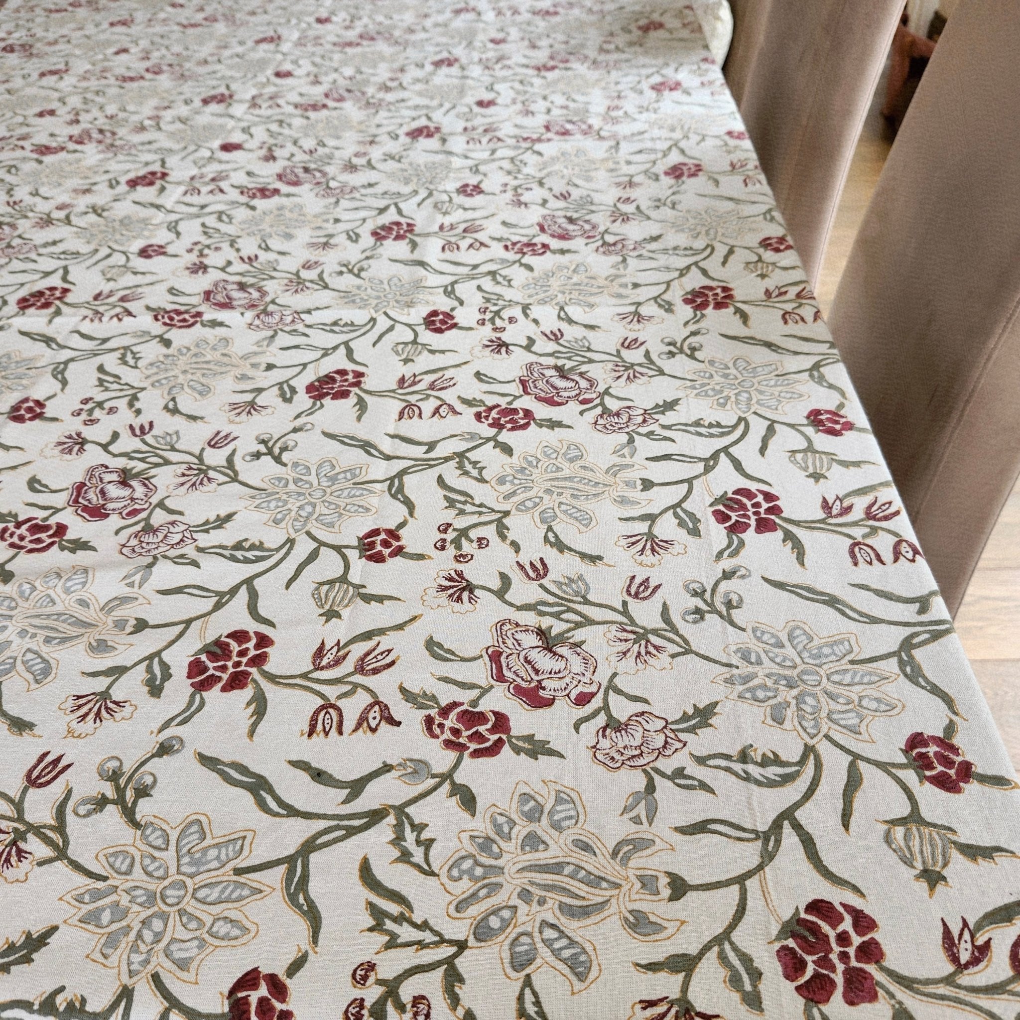 Silver Flower block-print cotton tablecloth