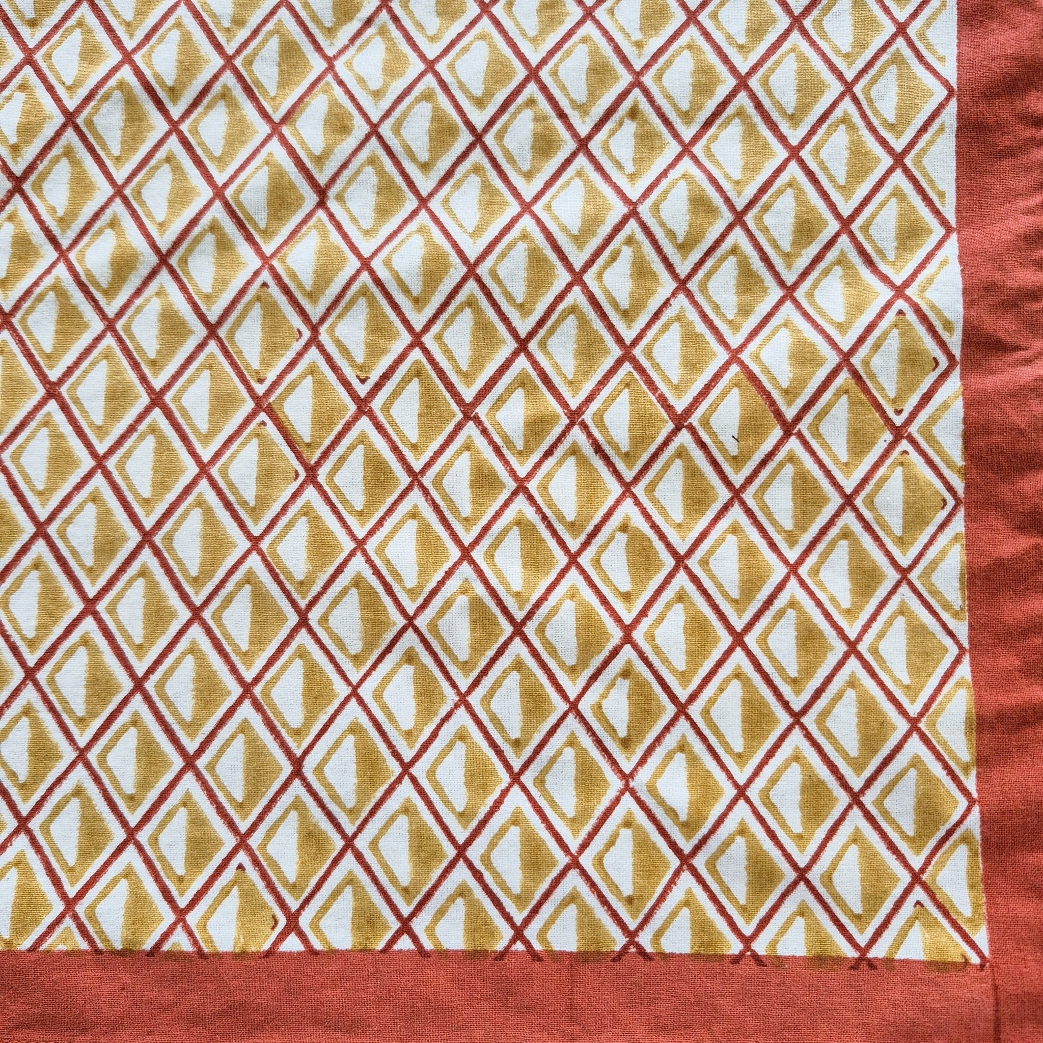 Square block-print cotton tablecloth in assorted prints, 150 cm