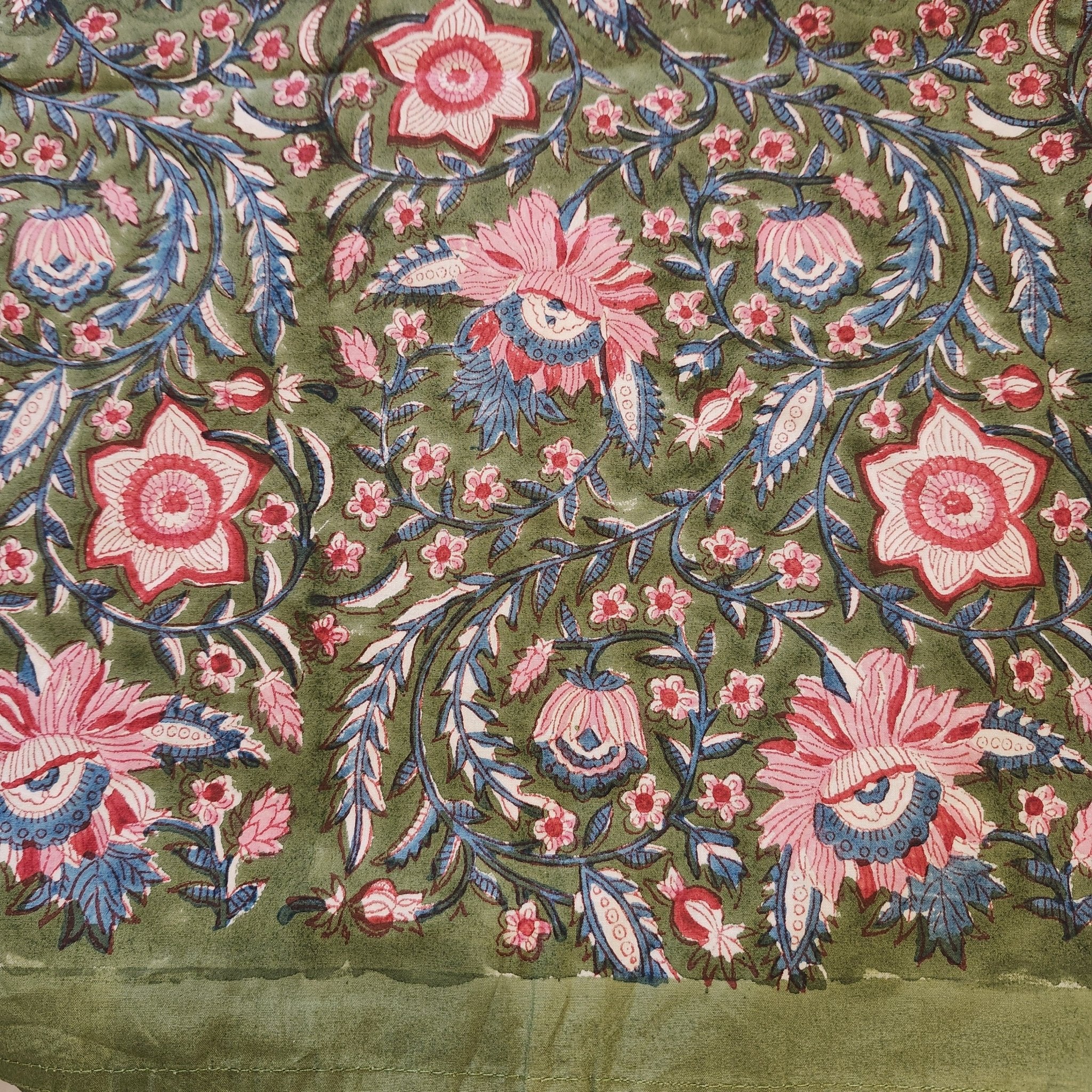 Square olive block-print cotton tablecloth, one of an assorted range