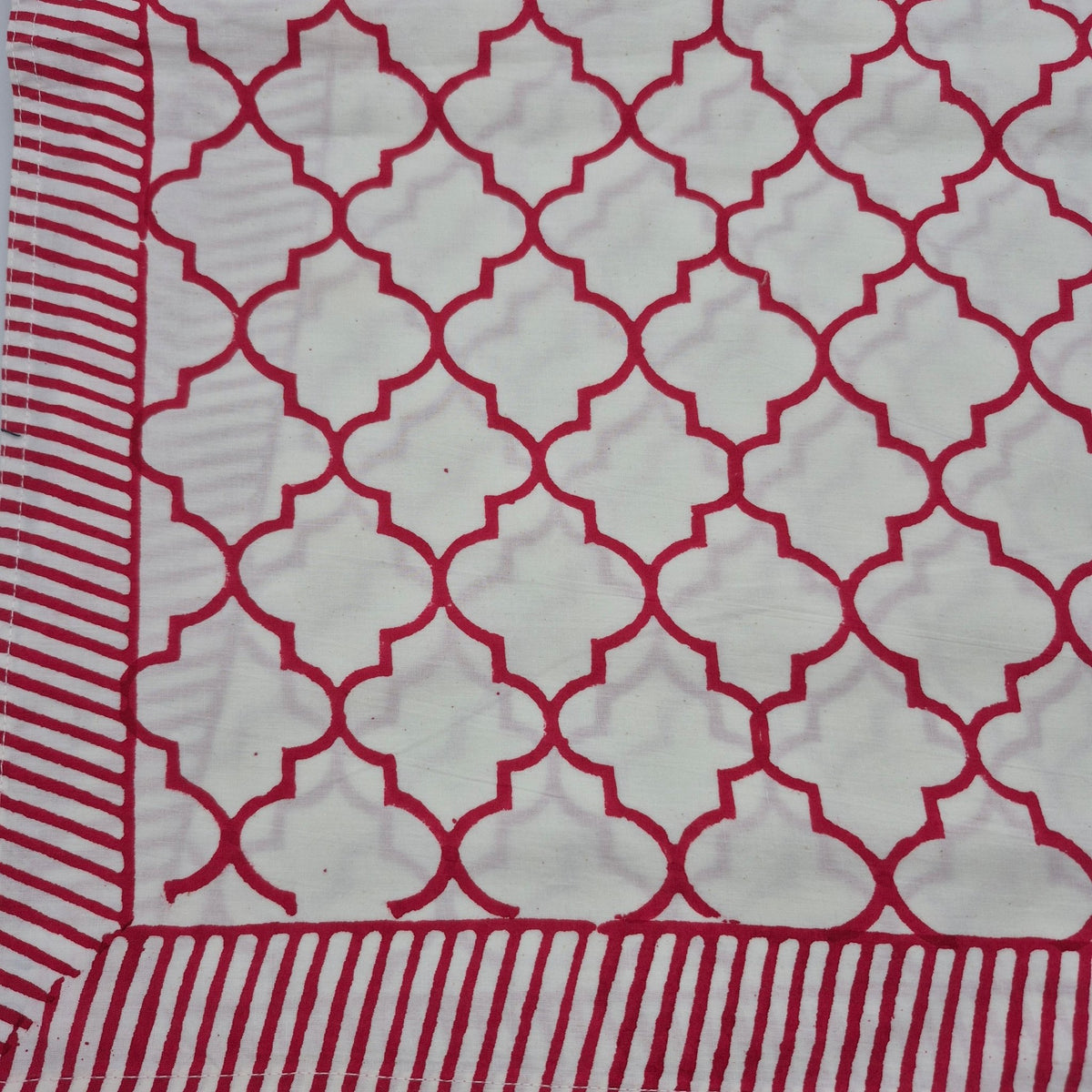 Assorted block print tablecloth in a red trellis design, handmade in cotton at 180 x 270 cm for everyday or festive tables