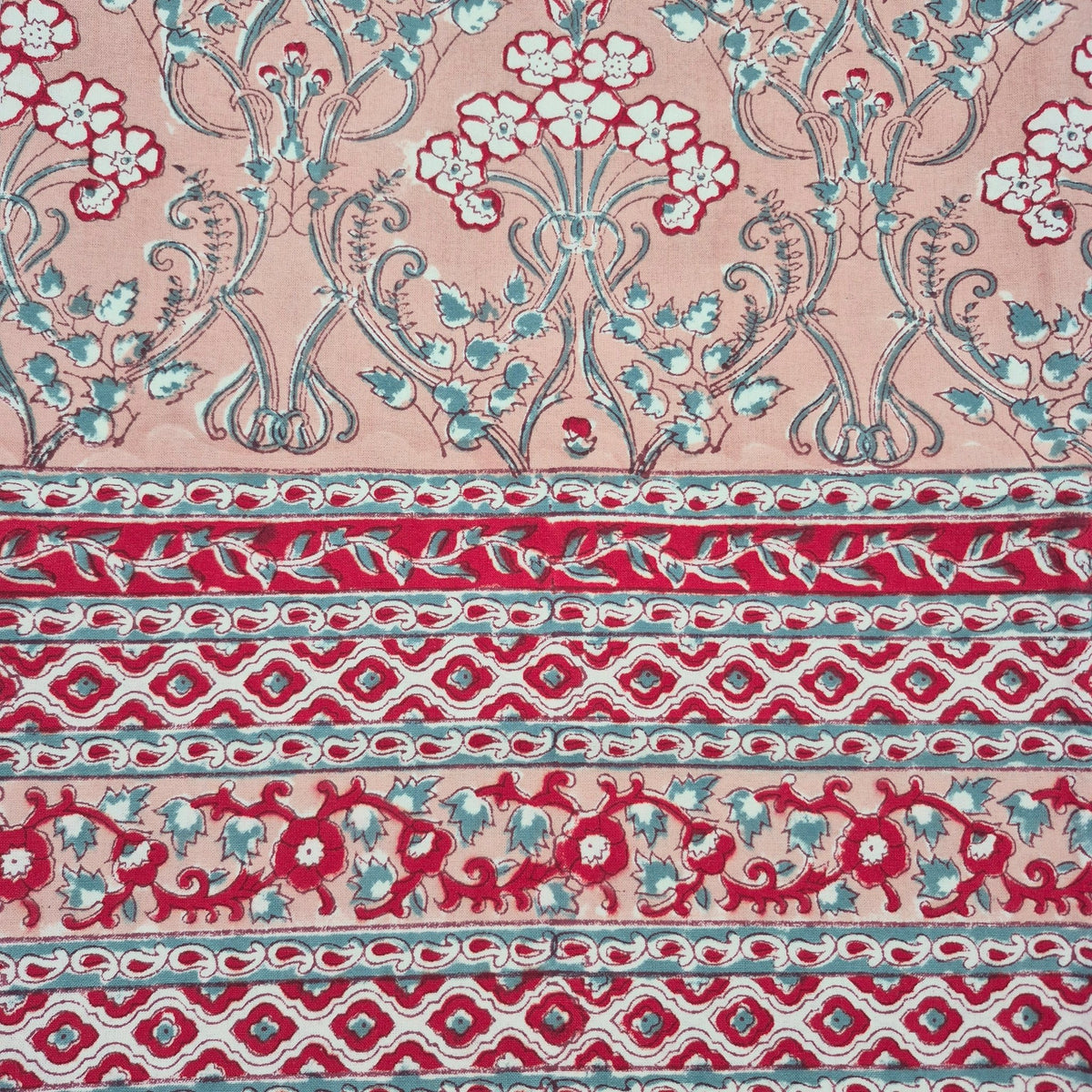 Pink colourway of the Srinagar block print tablecloth in cotton, available in various sizes and machine washable warm