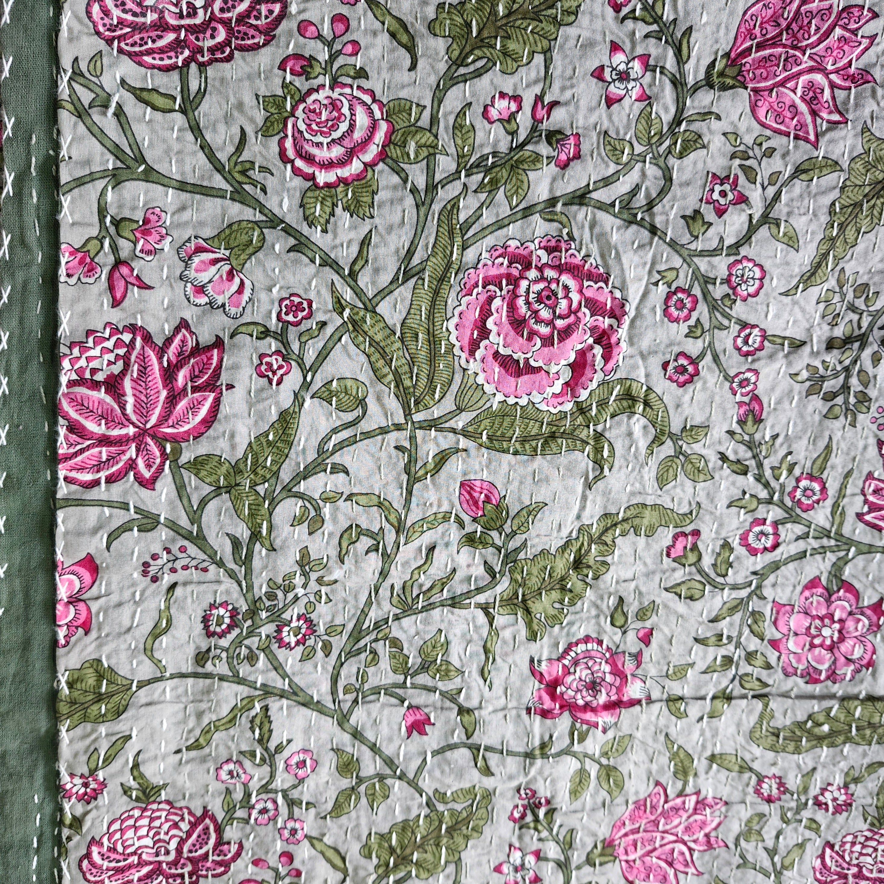 Kantha green floral block-print tablecloth, 4.5 m long