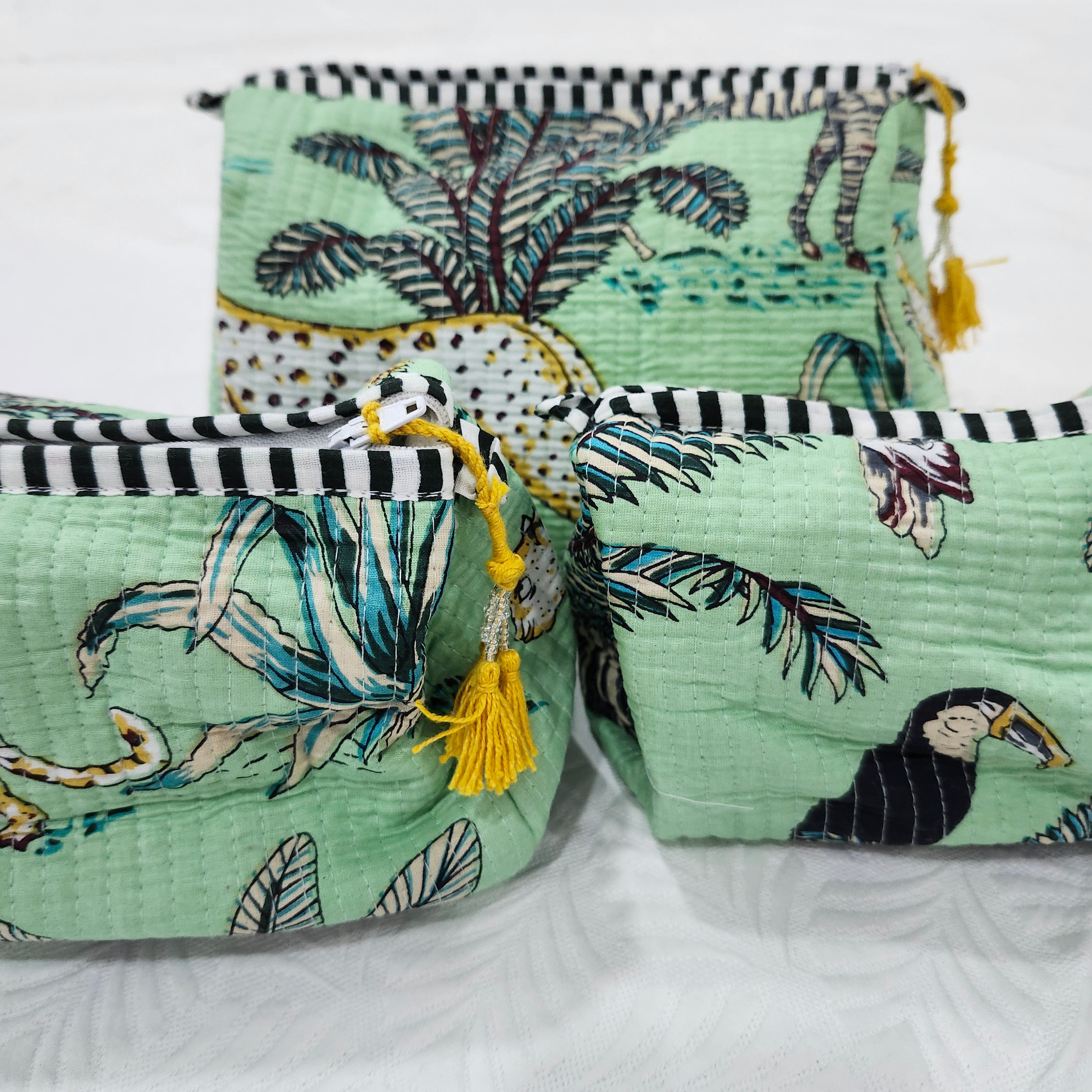 Green safari block-print cosmetic bag