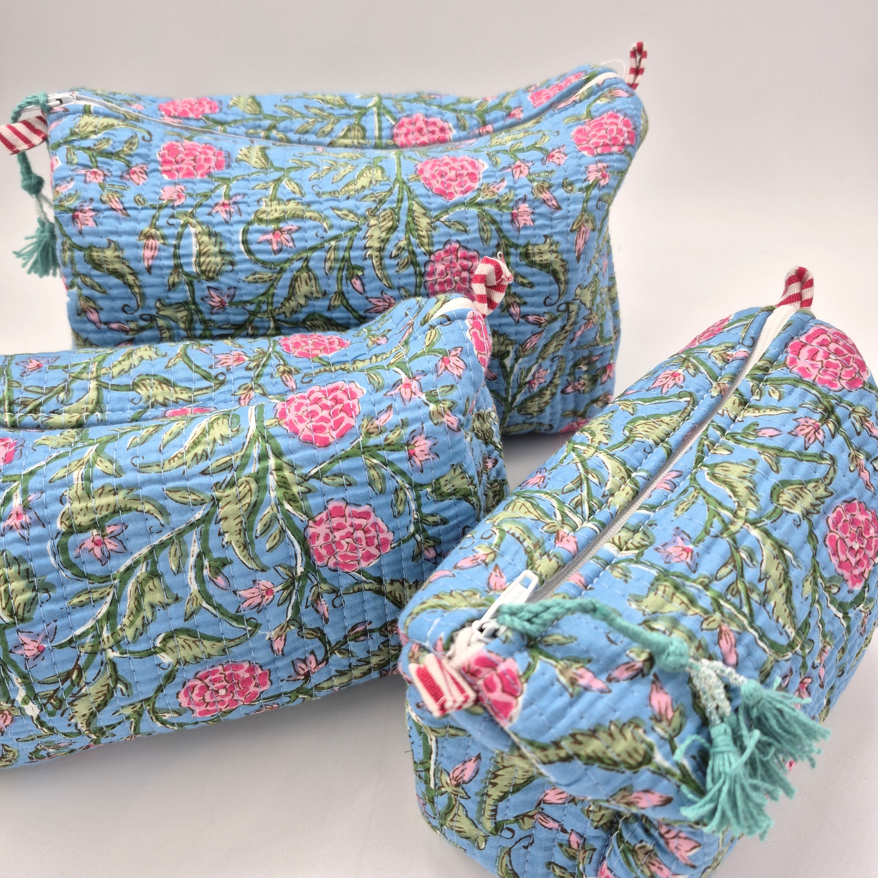 Blue carnation block-print wash bag