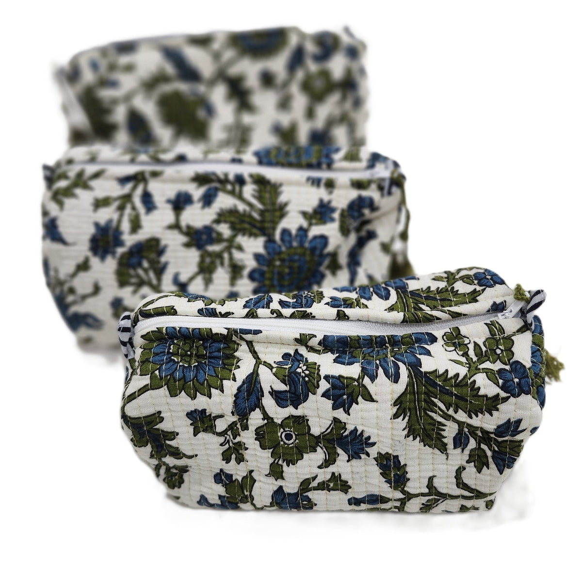 Handmade olive wash bag with an intricate floral dahlia block print, a spacious interior, sturdy zip and tassel, three sizes