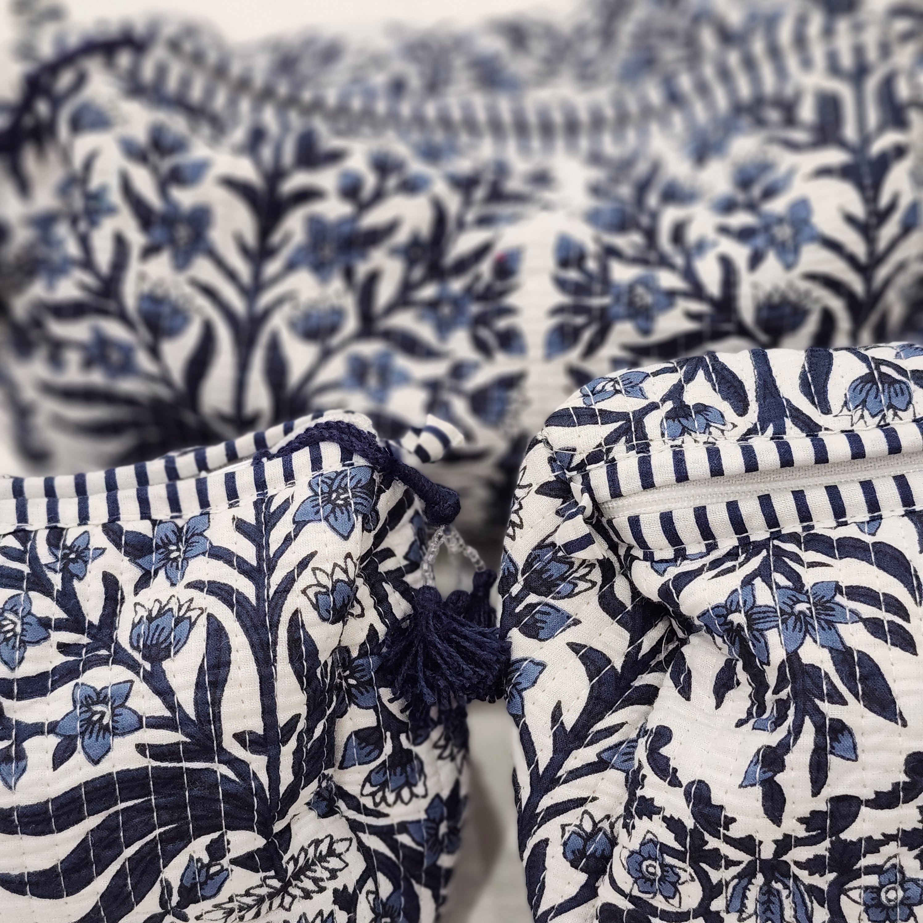 Blue floral block-print cotton wash bag
