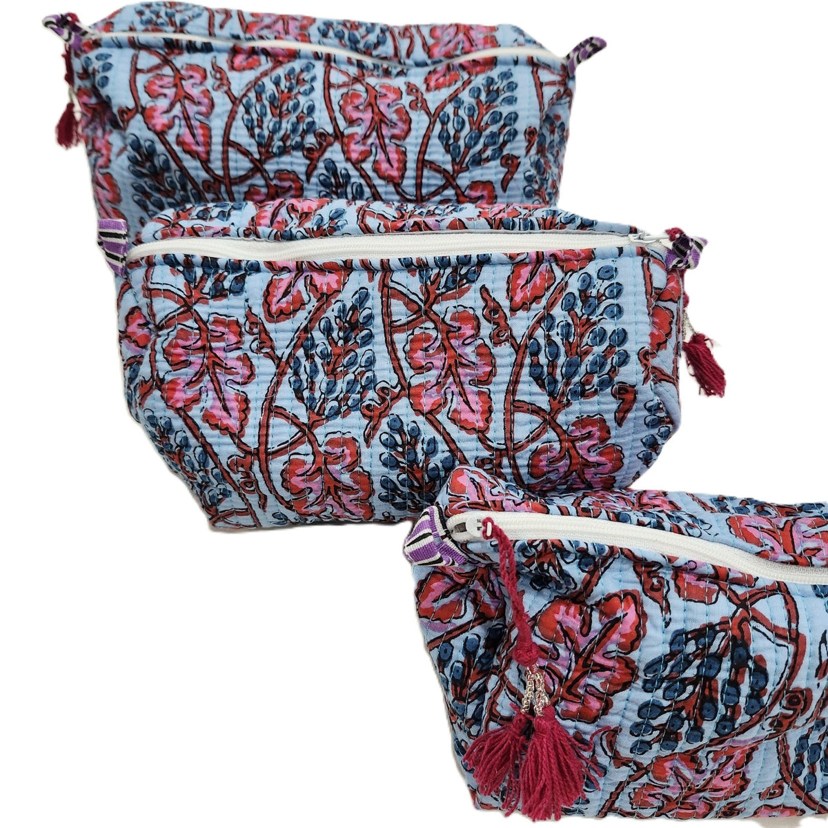 Handmade Jaipur wash bag with intricate block printed patterns, a spacious interior, sturdy zip and a tassel, in three sizes