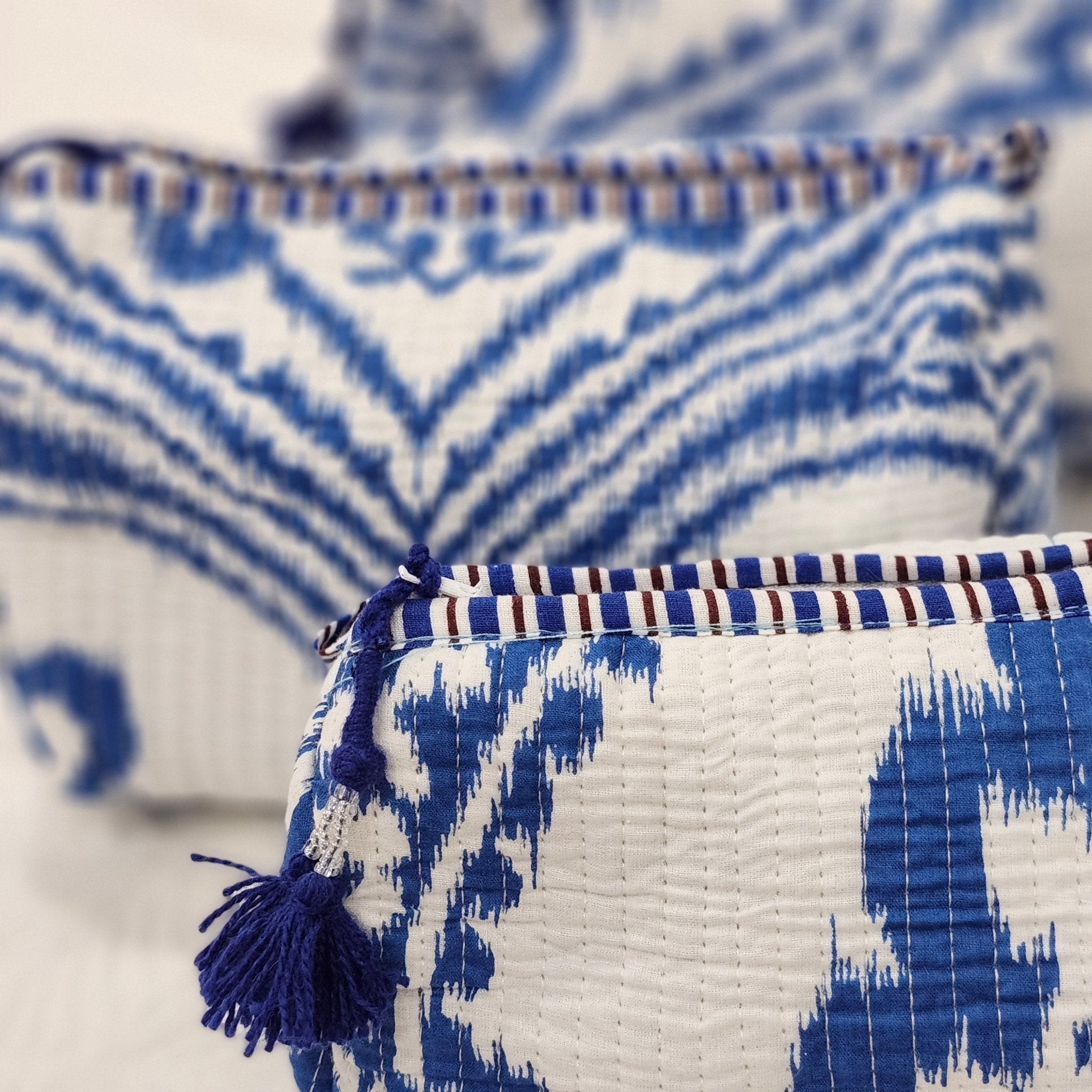 Blue and white ikat block-print wash bag