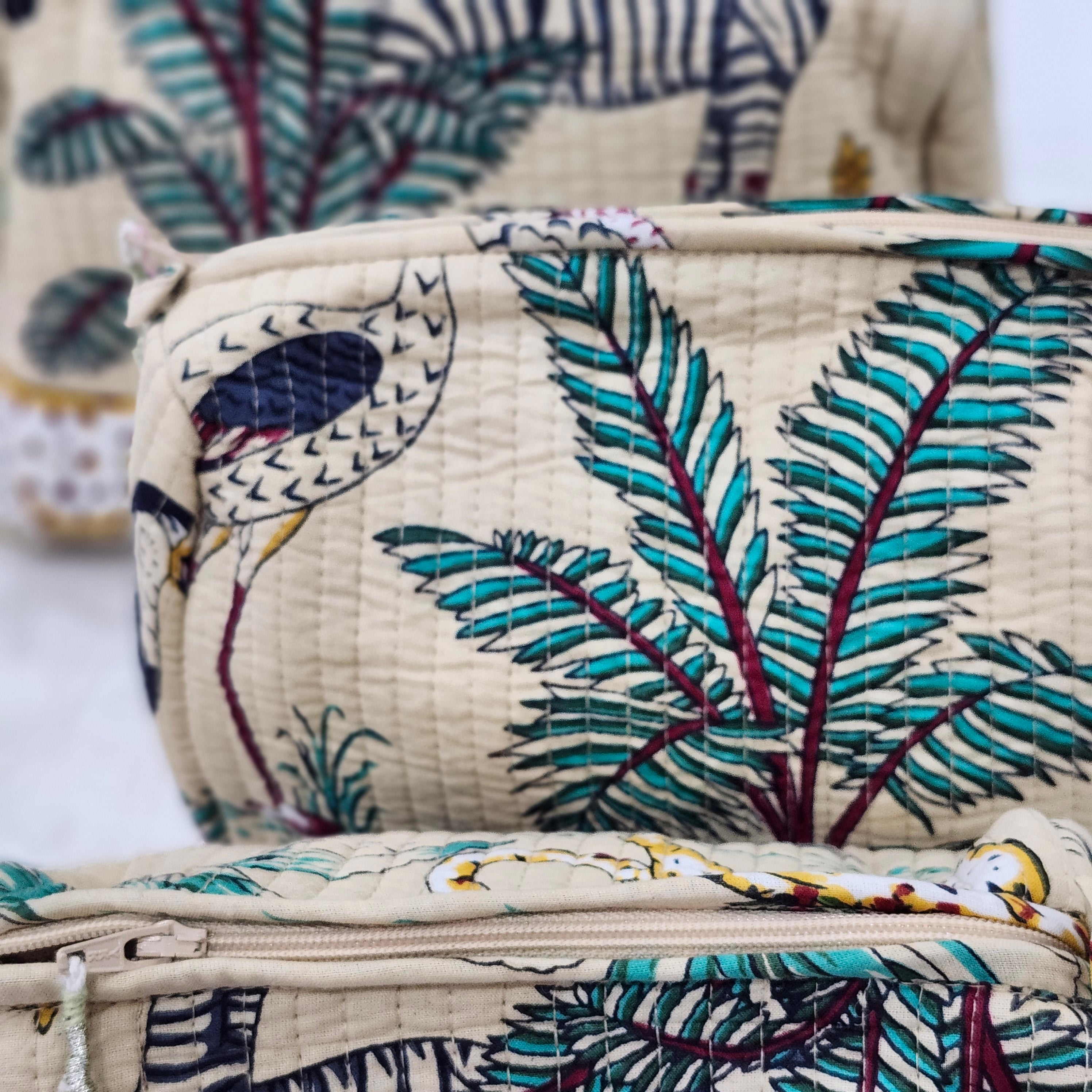 Beige safari block-print cosmetic bag