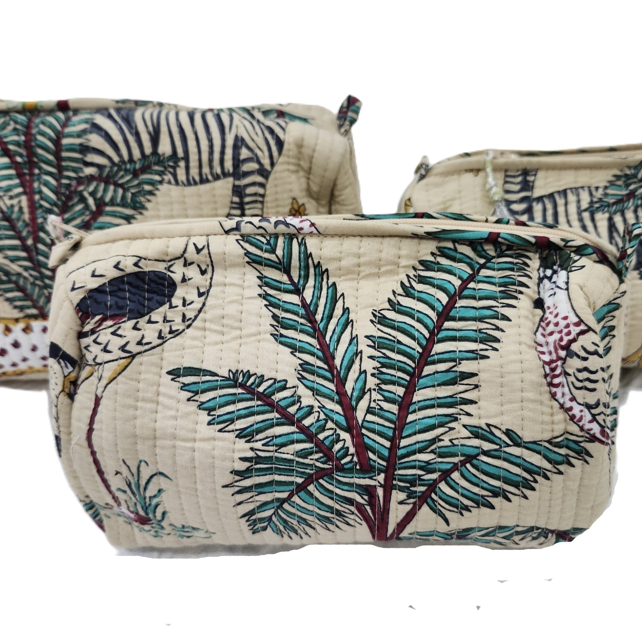 Safari block-print wash bag in beige with animals and palms