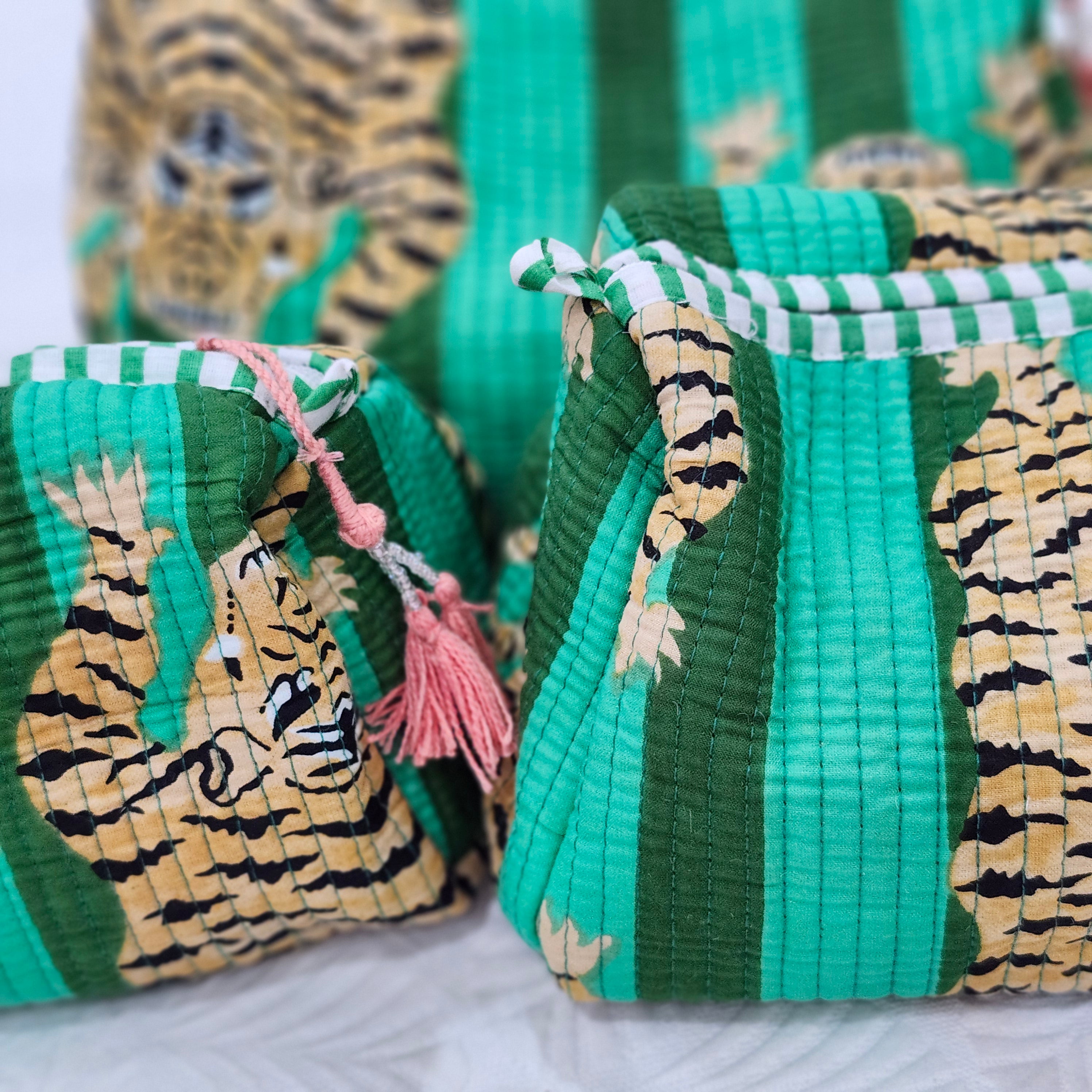 Emerald tiger block-print cosmetic bag