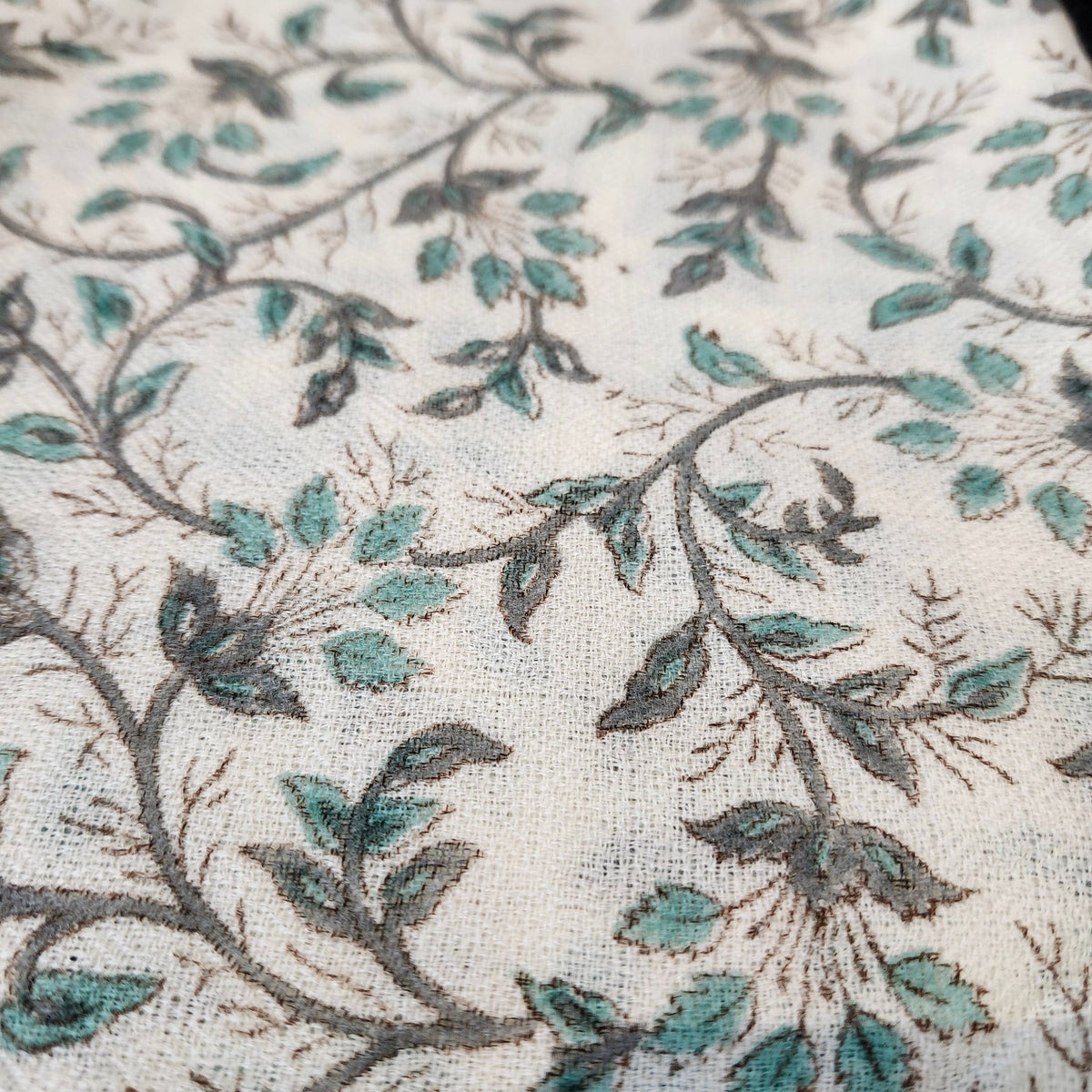 Blue floral block print scarf woven from soft lightweight wool, 44 by 84 cm, ideal for the cooler days