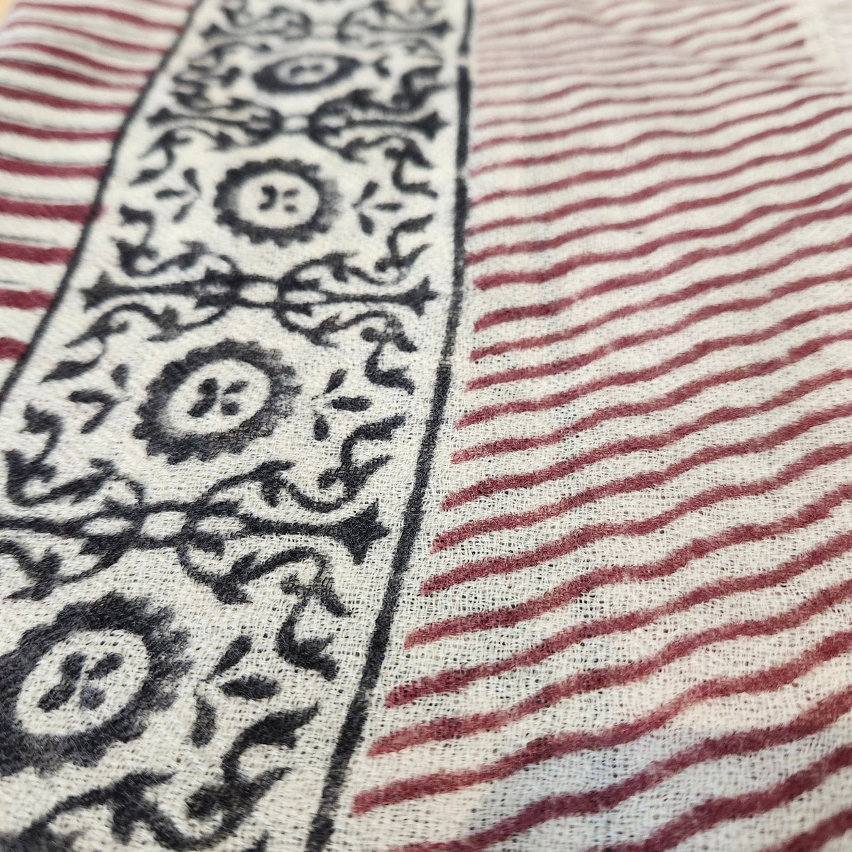 Burgundy striped block print scarf in soft lightweight wool, 44 by 84 cm, from Inside Living Hong Kong