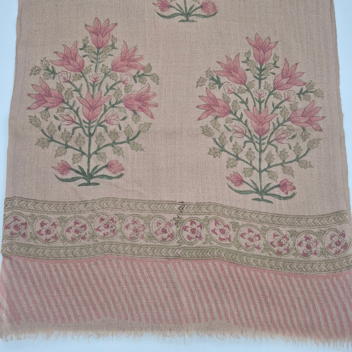 Taupe floral block print scarf in 100% wool, soft and light at 44 by 84 cm, hand wash or dry clean only