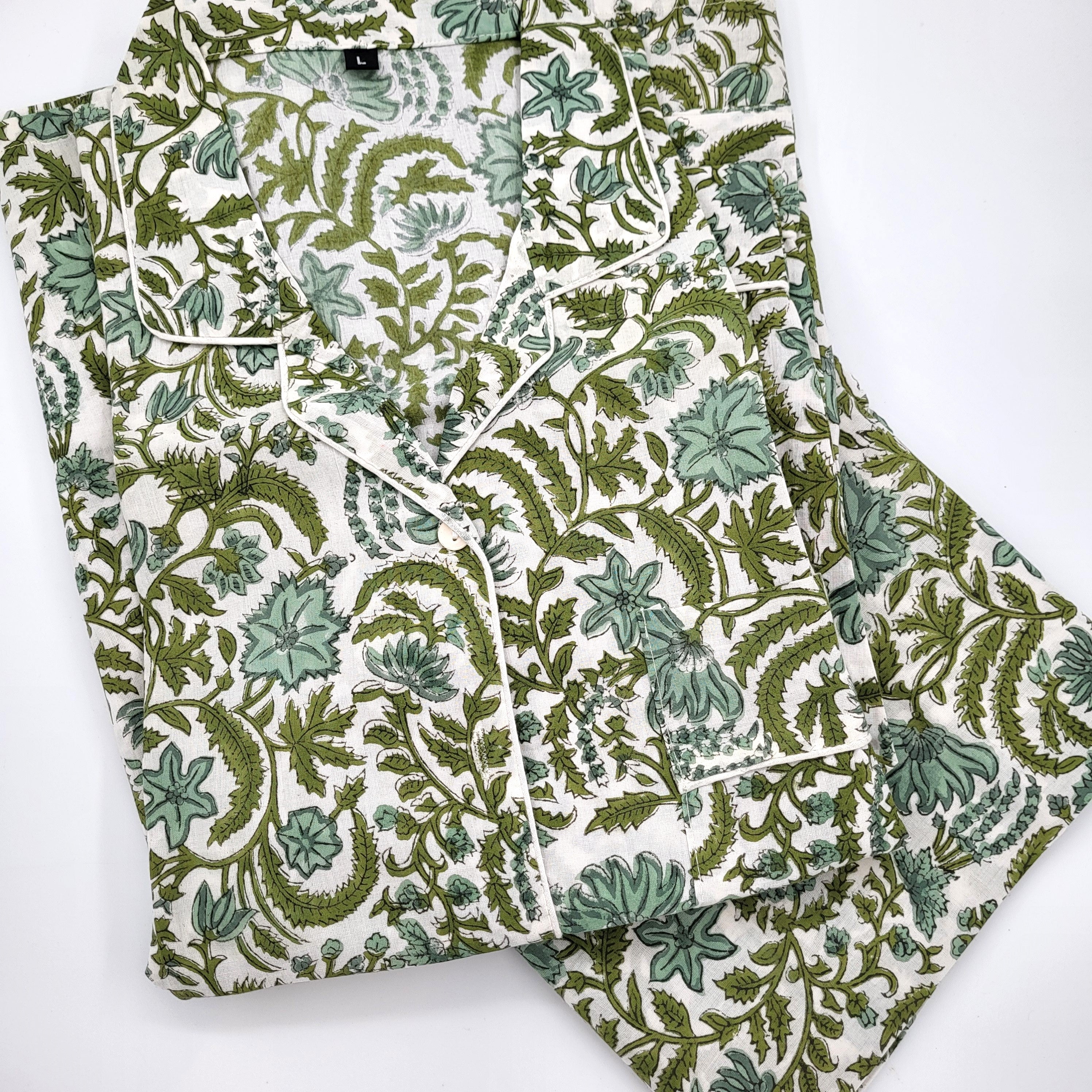 Eloise floral block-print cotton pyjamas with white trim