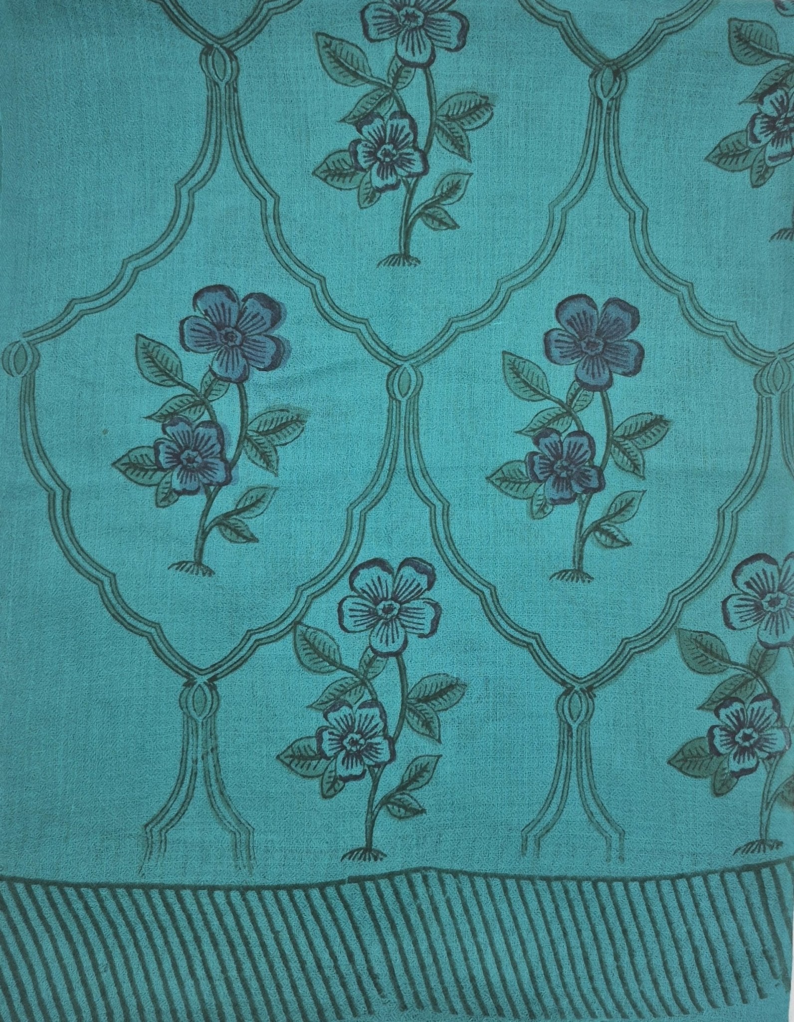 Turquoise floral block print wool shawl in 100 per cent wool, hand wash or dry clean only, 200cm long.