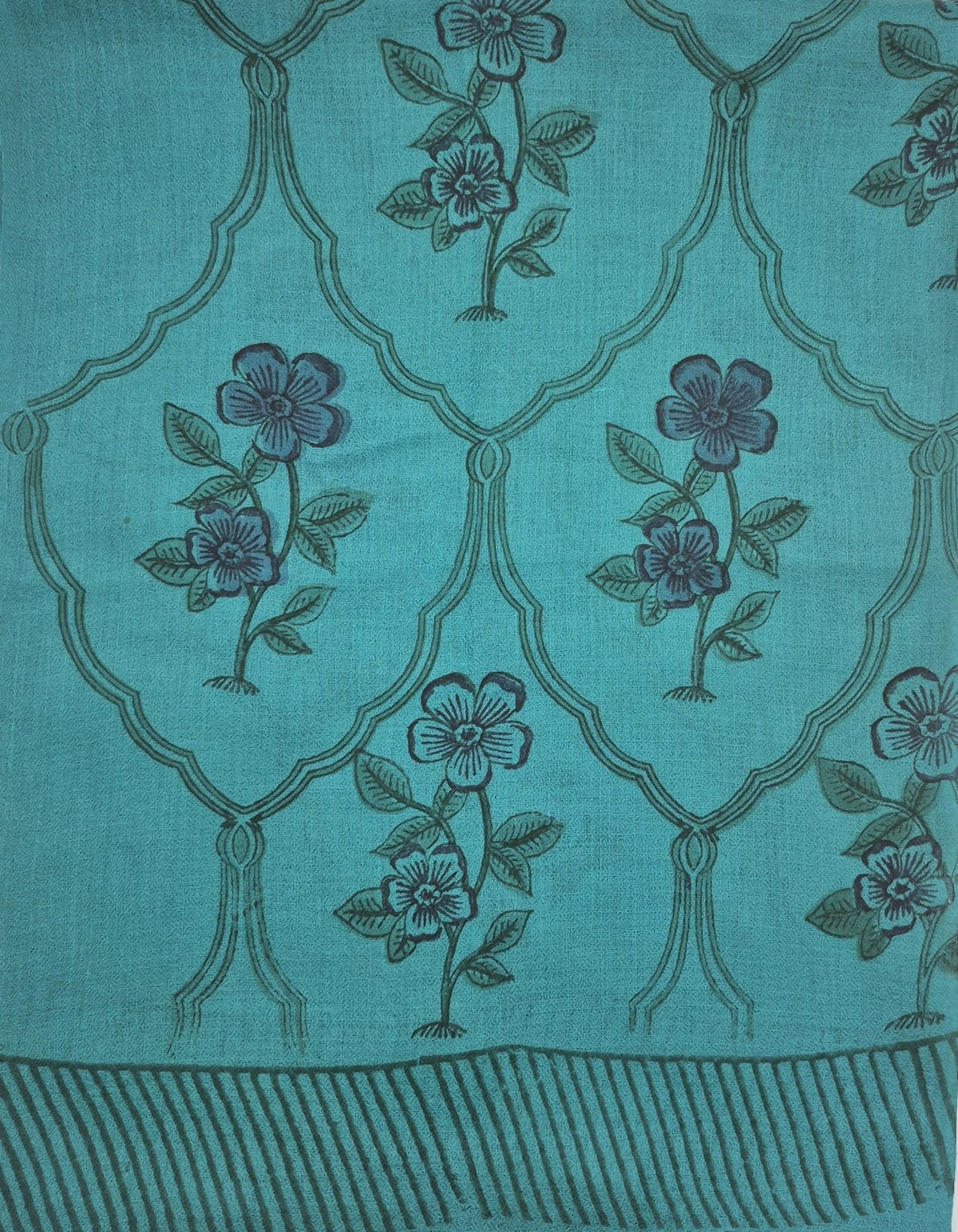 Turquoise floral block print wool shawl in 100 per cent wool, hand wash or dry clean only, 200cm long.