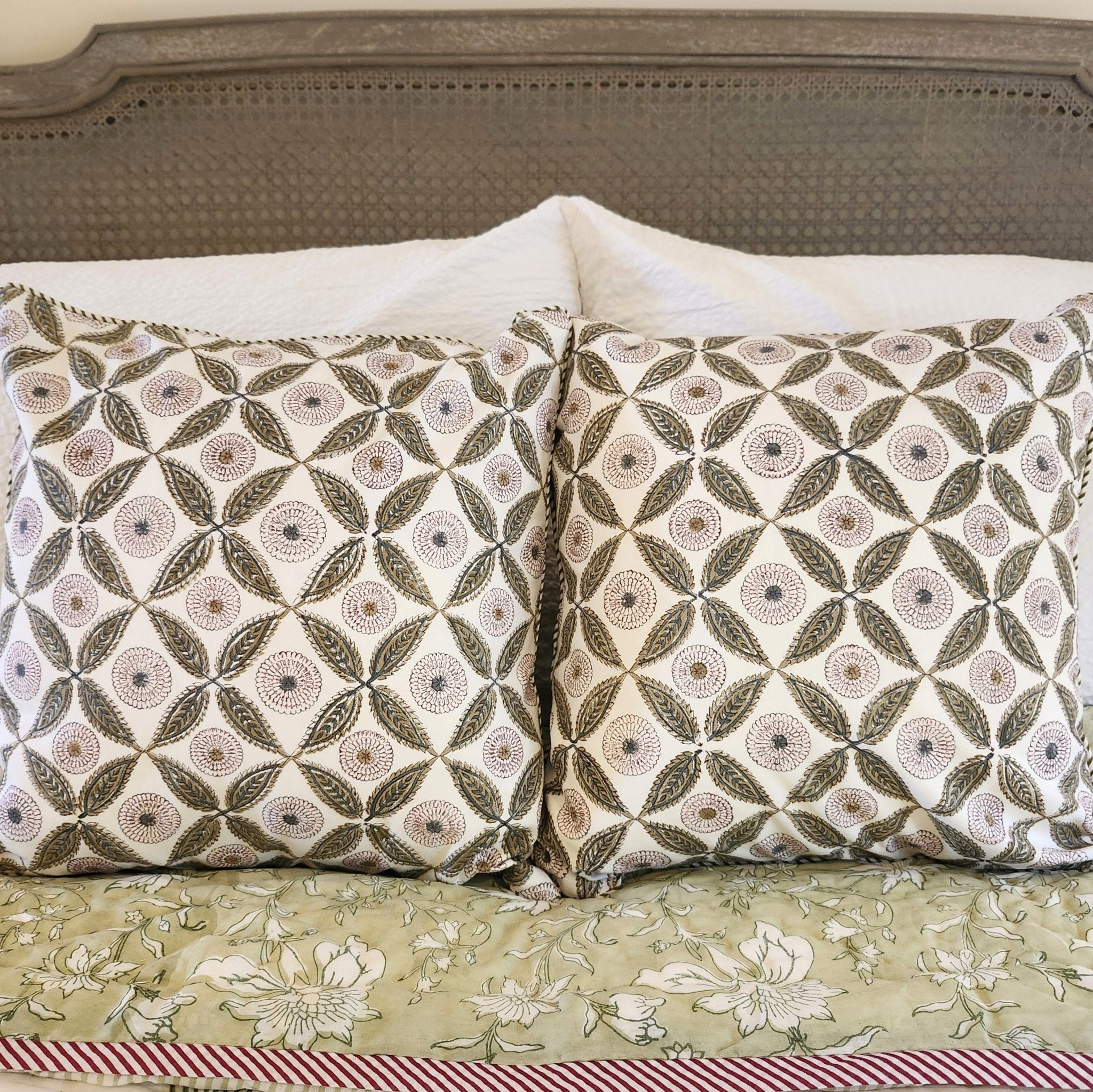Carnation flower-head block-print cushion, 40 cm
