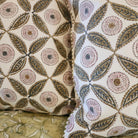 Carnation block-print cotton cushion cover with striped piping, 40 cm