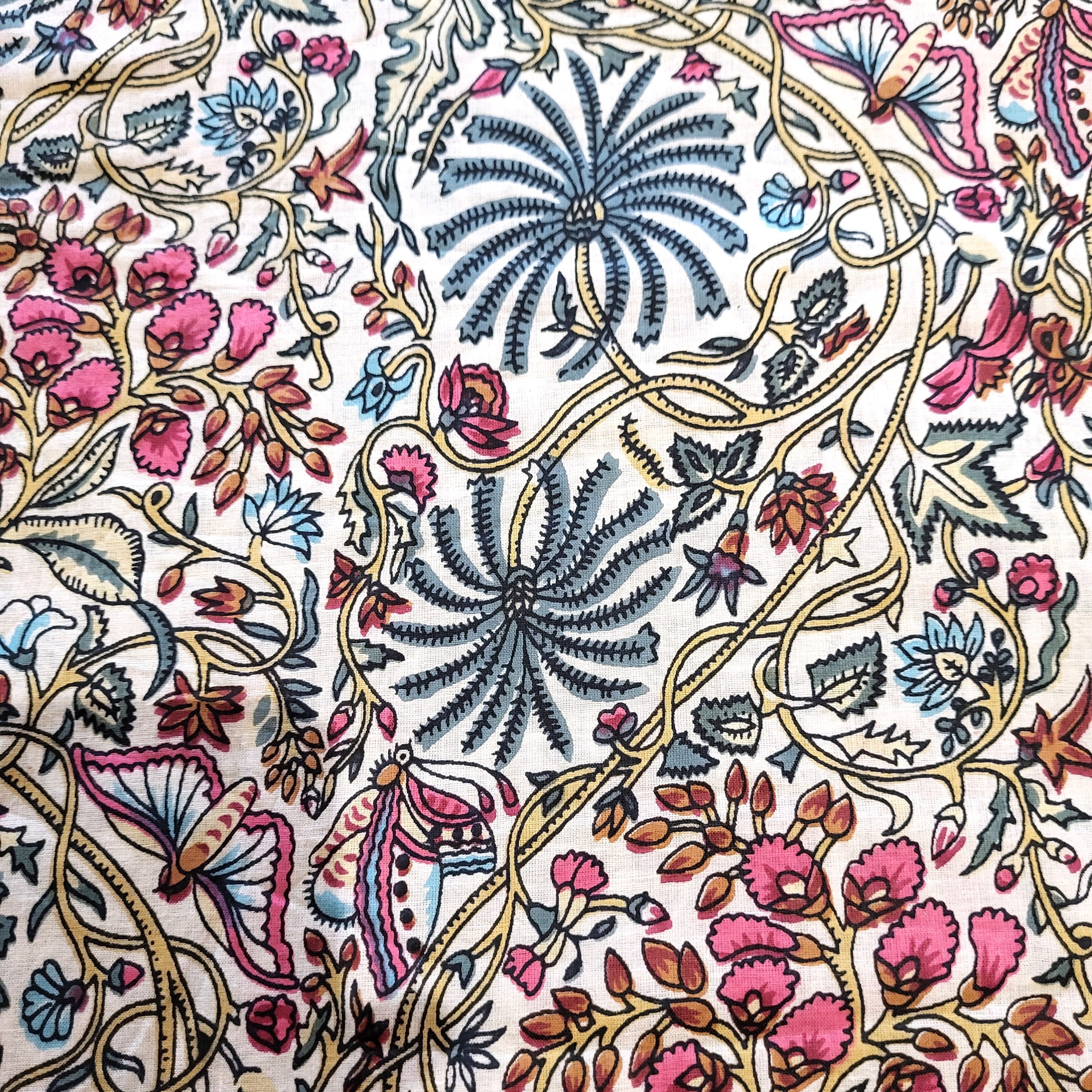 Rainforest block-print cotton table runner with palms, butterflies and flowers