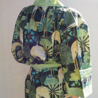 Paradise Black block print cotton robe, peacocks on black, one size