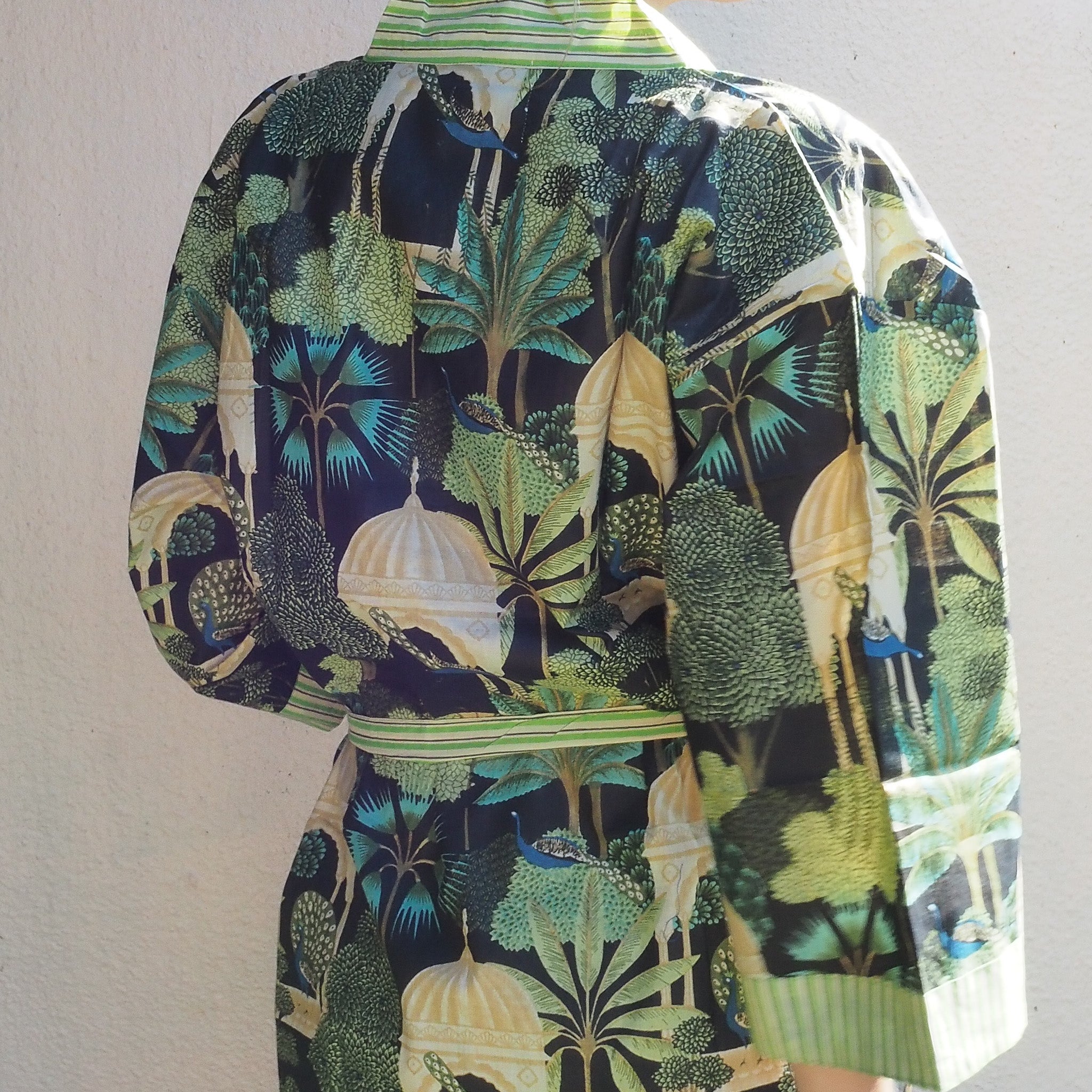 Paradise Black block print cotton robe, peacocks on black, one size