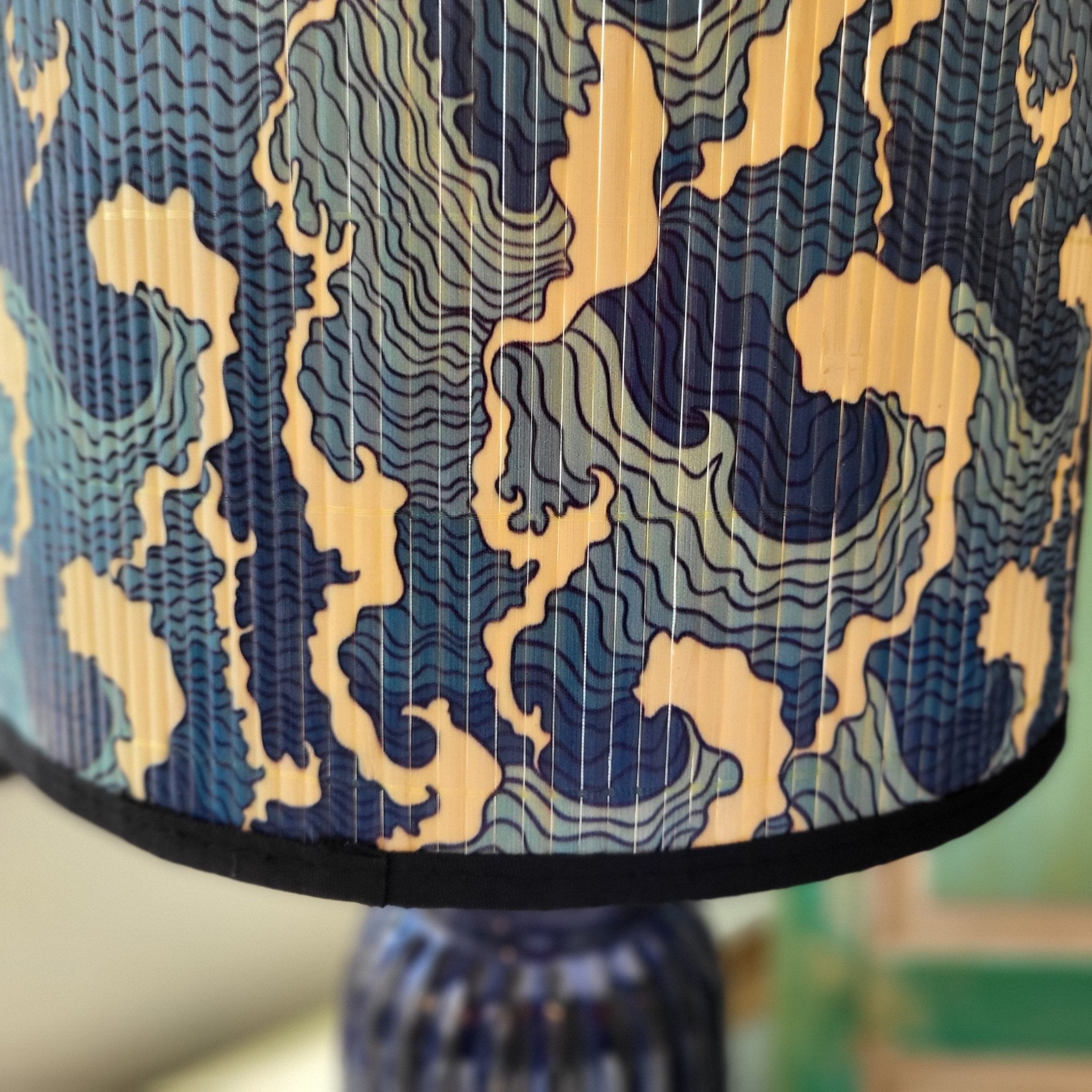 The Wave lampshade, Hokusai-inspired wave print on bamboo, 30 cm diameter