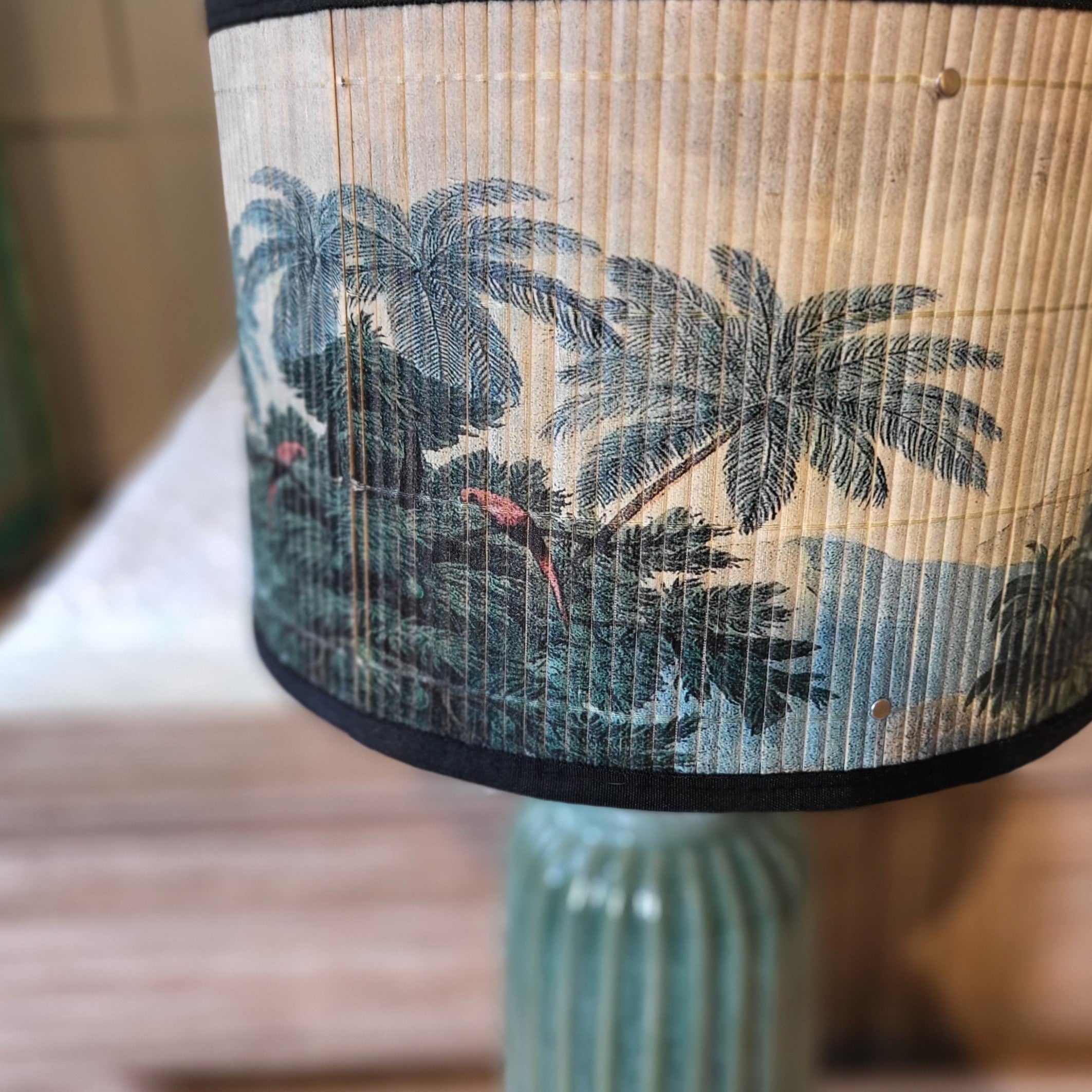 Tropical lampshade, palm and jungle print on bamboo, 30 cm diameter