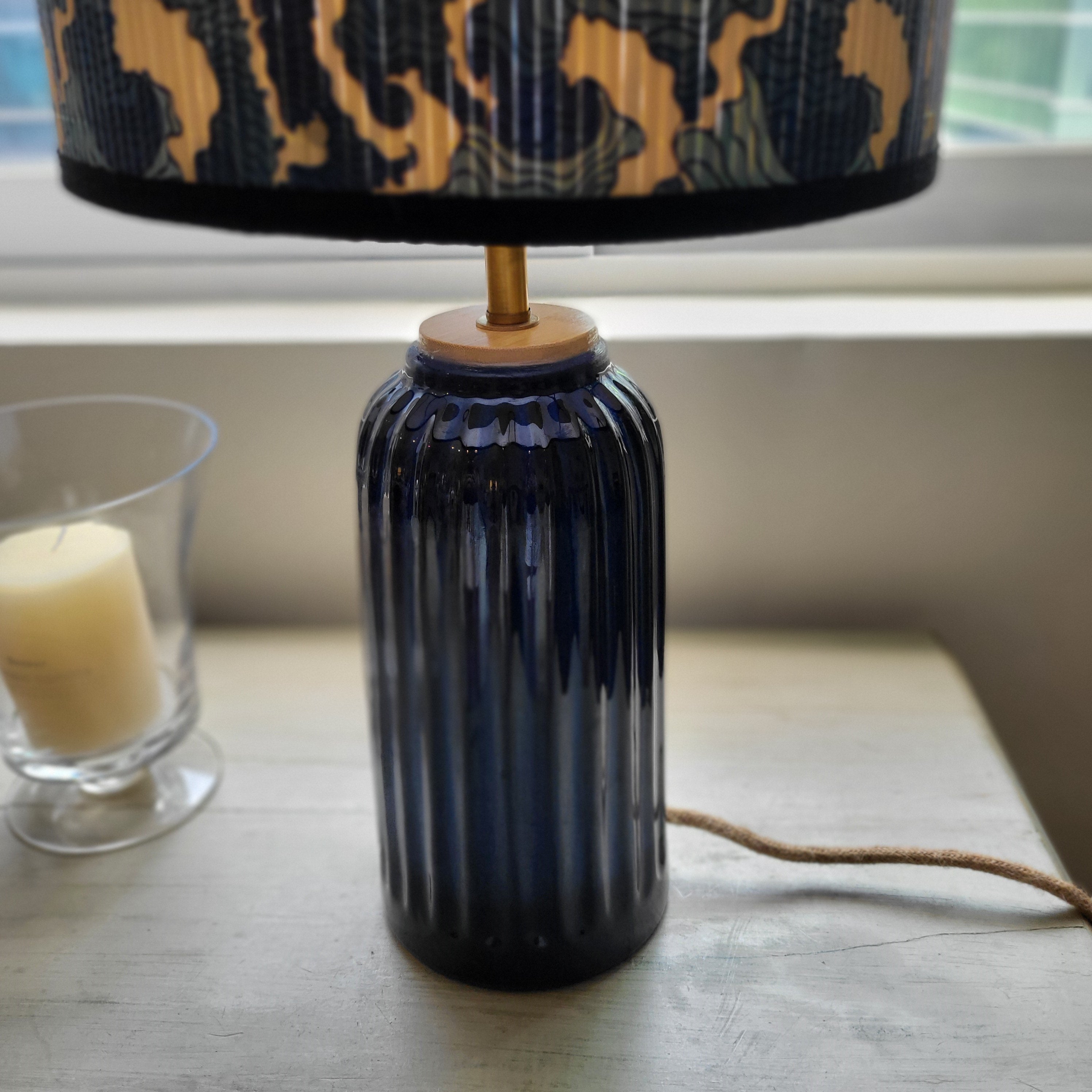 Annam ceramic table lamp in blue glaze with a jute-covered cord and brass fittings