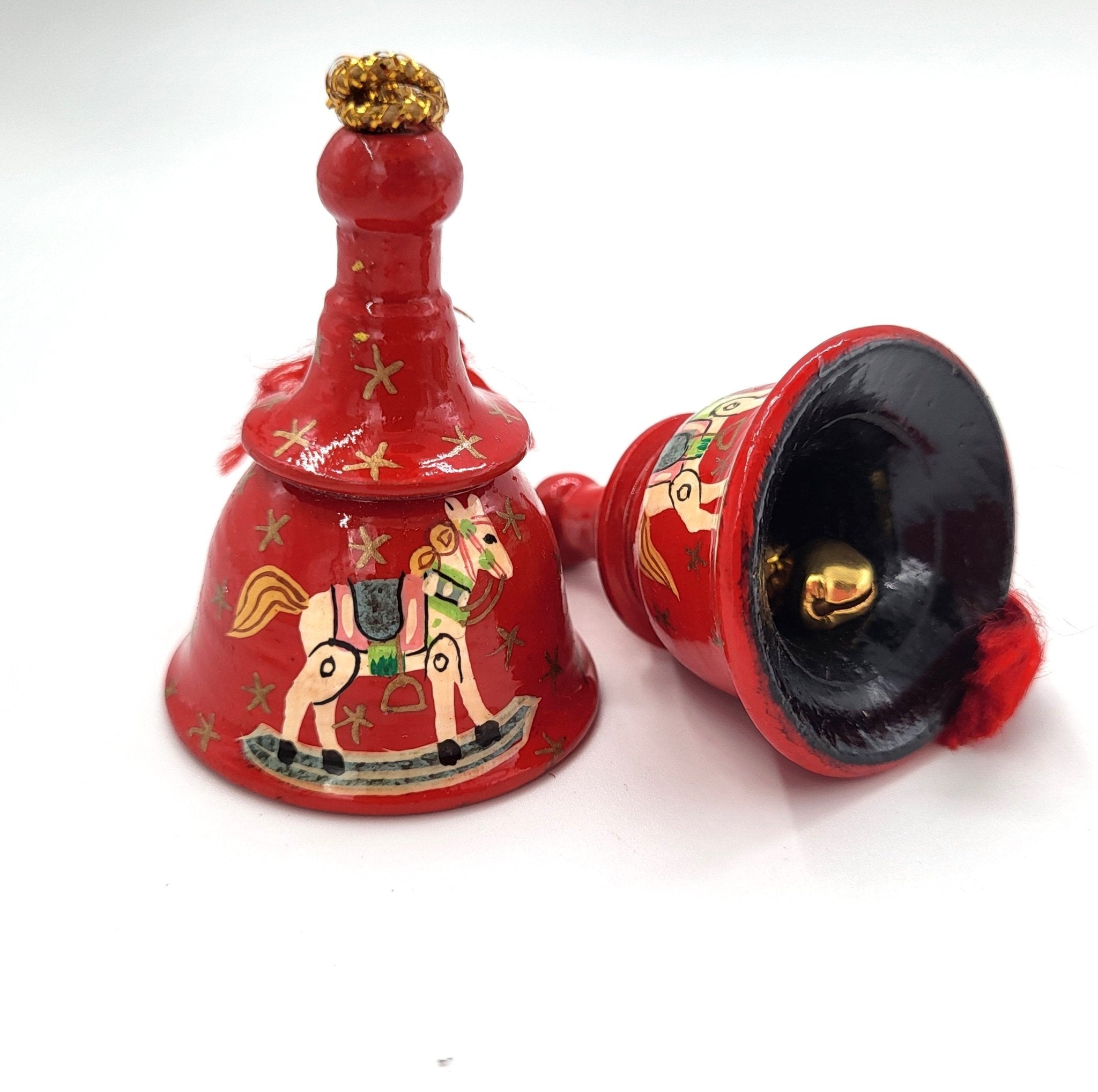 Winter Houses tiny bell with rocking horse design, hand-painted papier mache