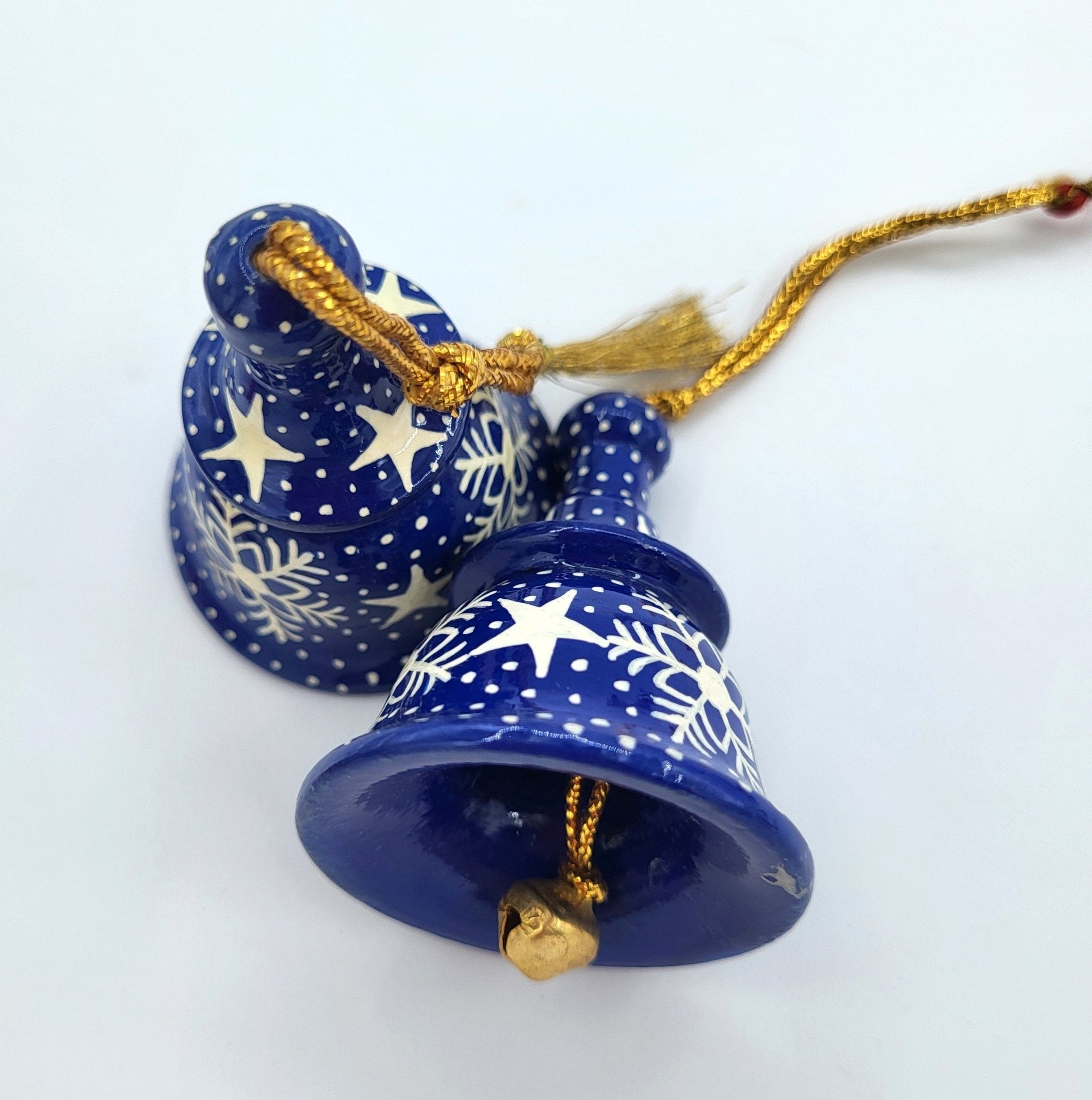 Snowflake tiny bell in blue, hand-painted papier mache with brass bell