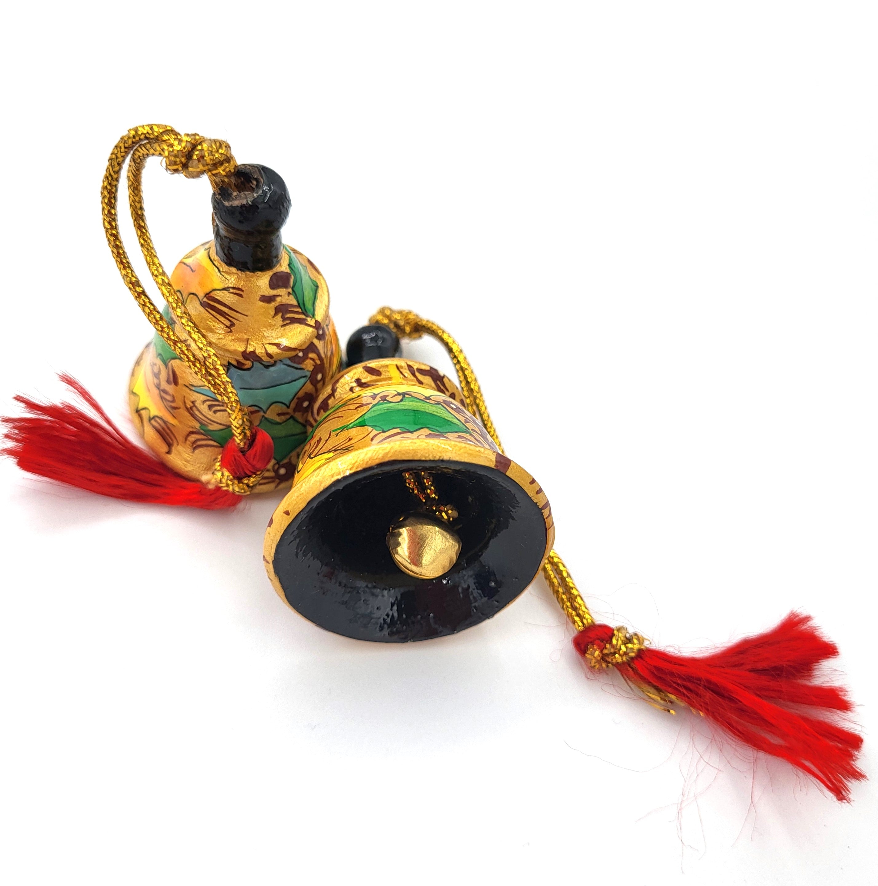 Holly tiny bell in gold, hand-painted papier mache with brass bell