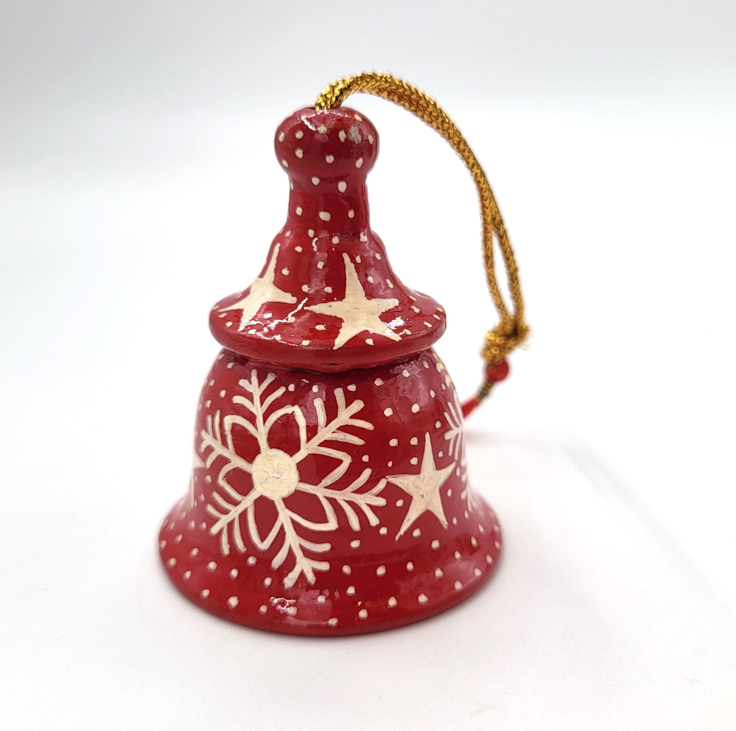 Snowflake tiny bell in red, hand-painted papier mache with brass bell