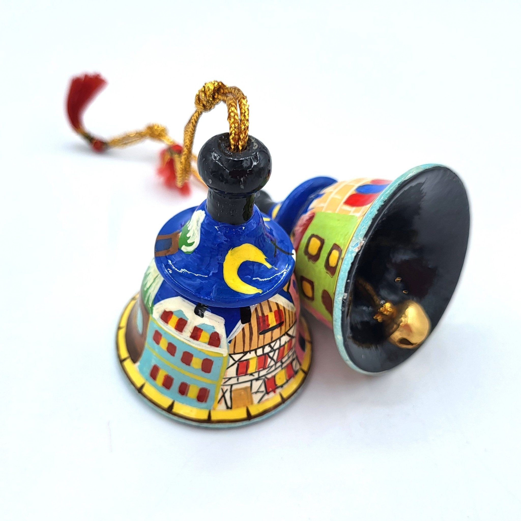 Winter Houses tiny bell with winter house design, hand-painted papier mache