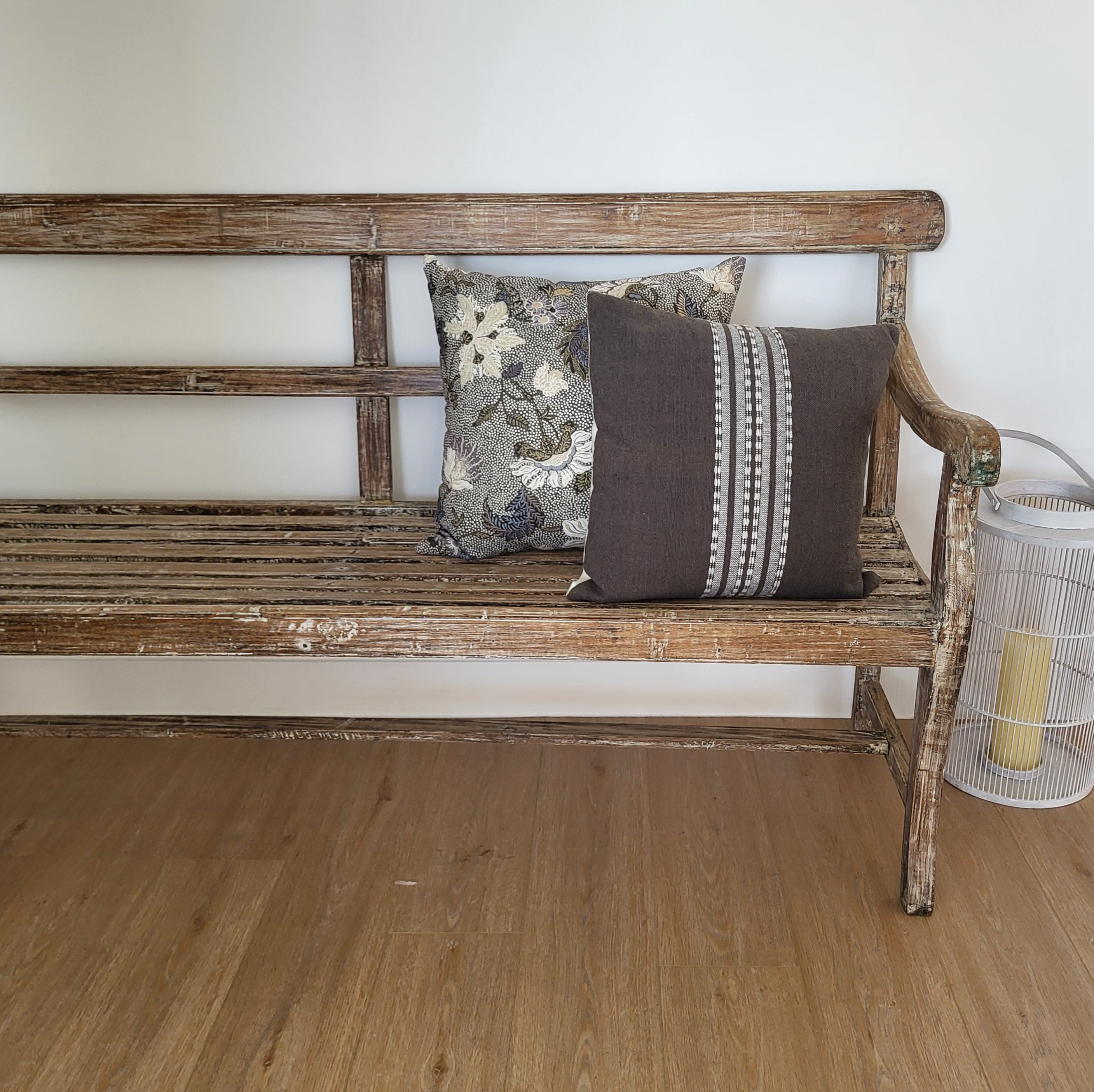 Vintage teak bench with white limed finish, 178cm long
