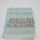 Block-print wool scarf in a teal stripe, 44 x 84 cm