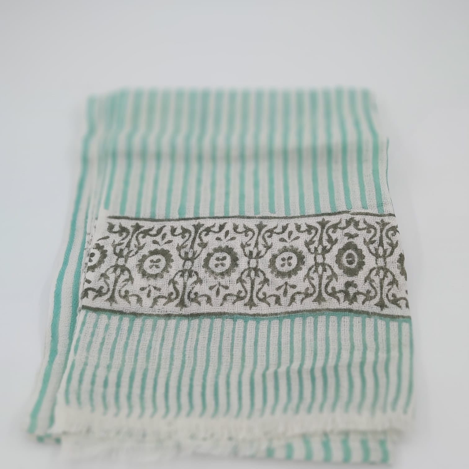 Block-print wool scarf in a teal stripe, 44 x 84 cm