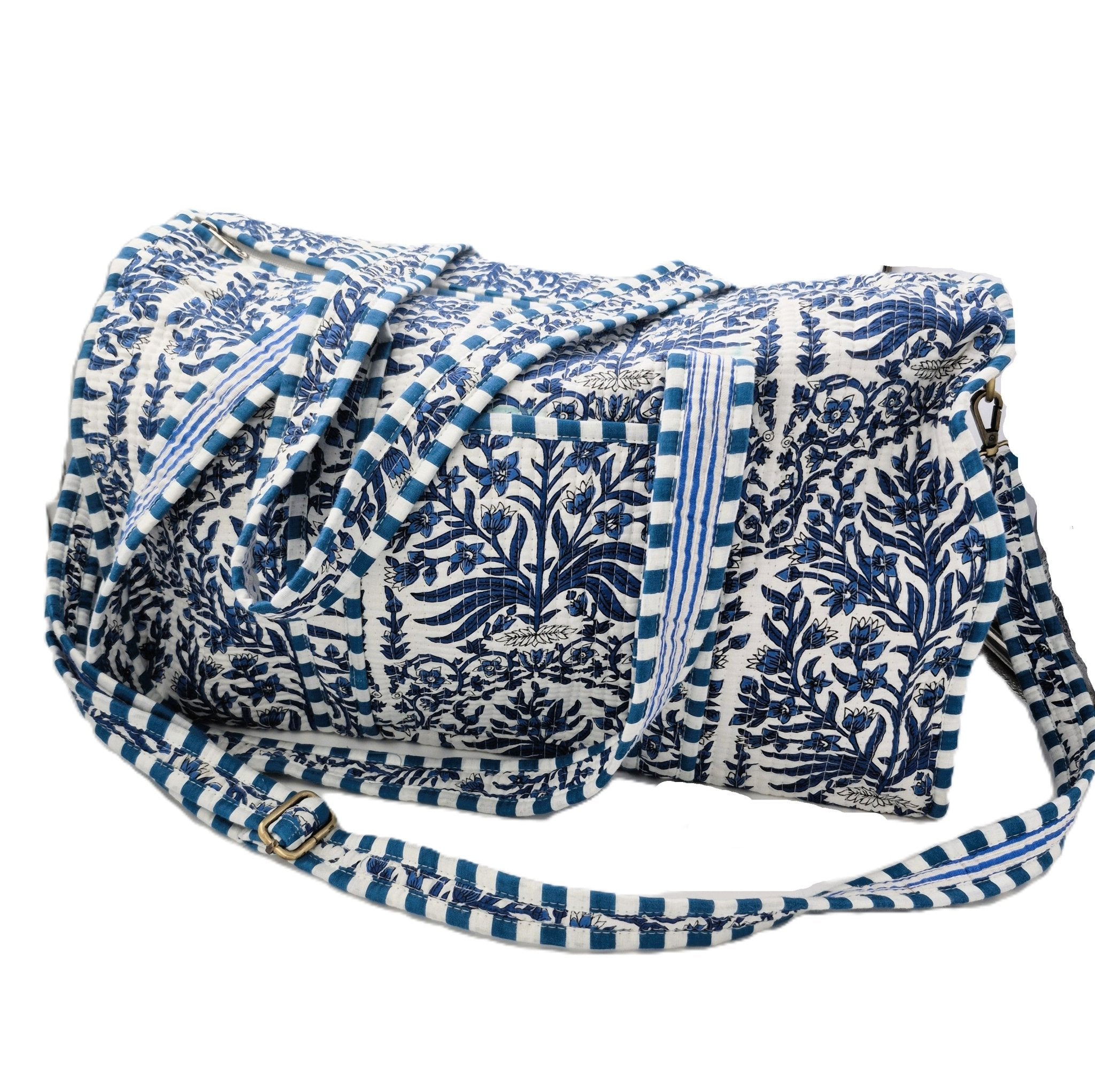 Quilted block-print weekend bag in blue floral