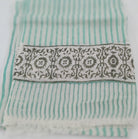 Block printed wool scarf in a teal stripe, soft and lightweight, 44 by 84 cm, hand wash or dry clean