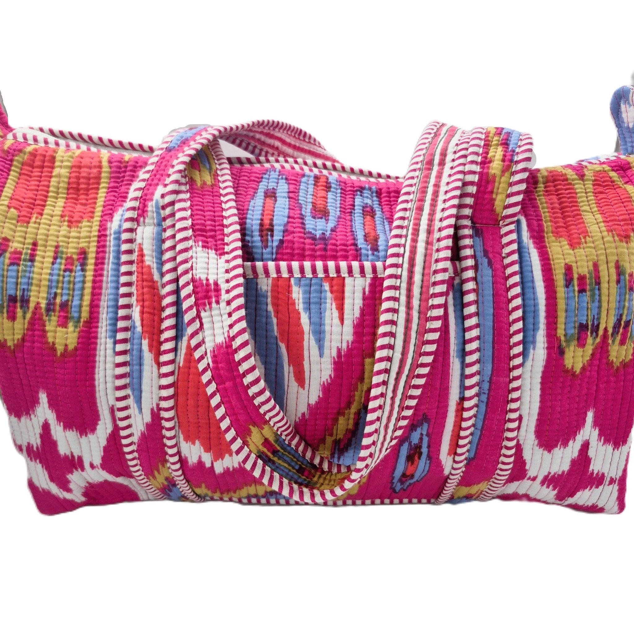 Quilted block-print weekend bag in pink ikat