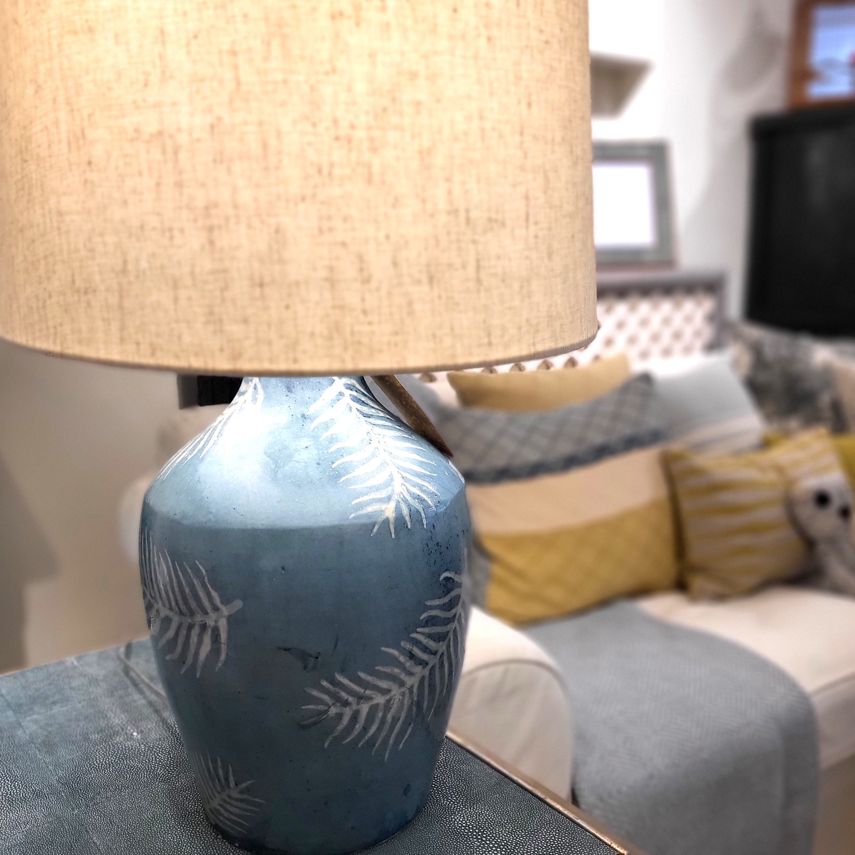 Blue-glazed terracotta lamp with a leaf motif and shade